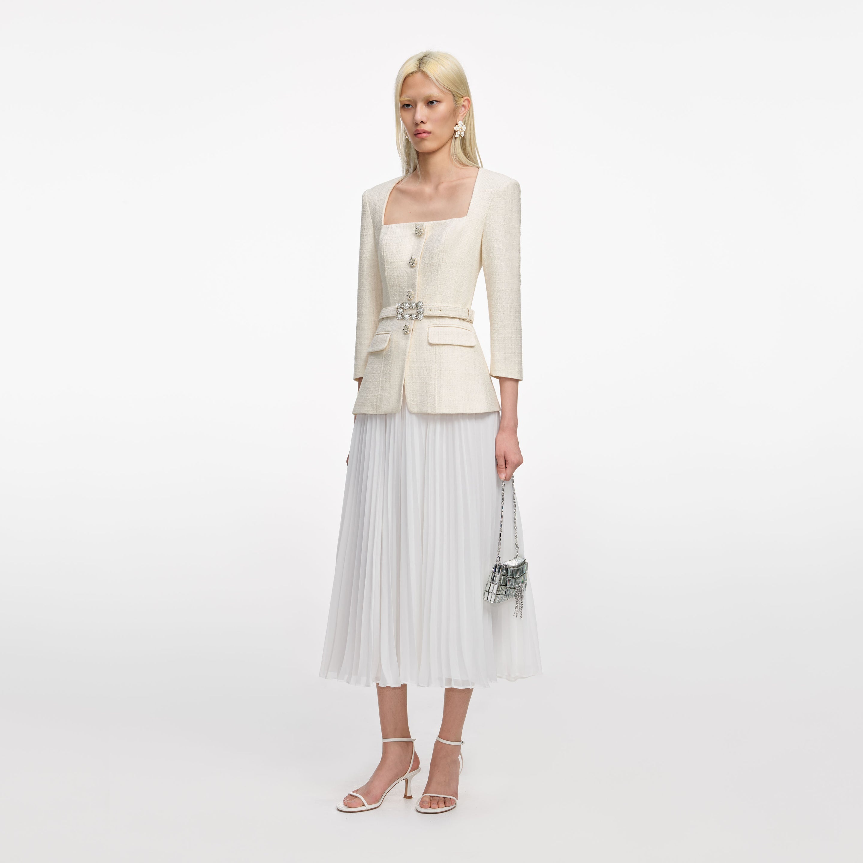 Cream Boucle Long Sleeve Chiffon Midi Dress - 2