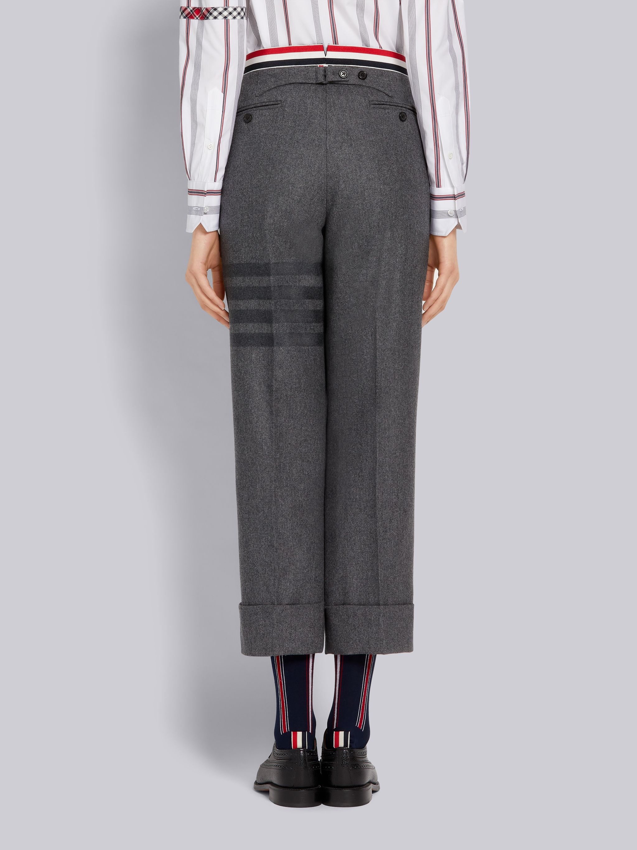 Medium Grey Wool Flannel Grosgrain Stripe Waistband Classic Backstrap Trouser - 3