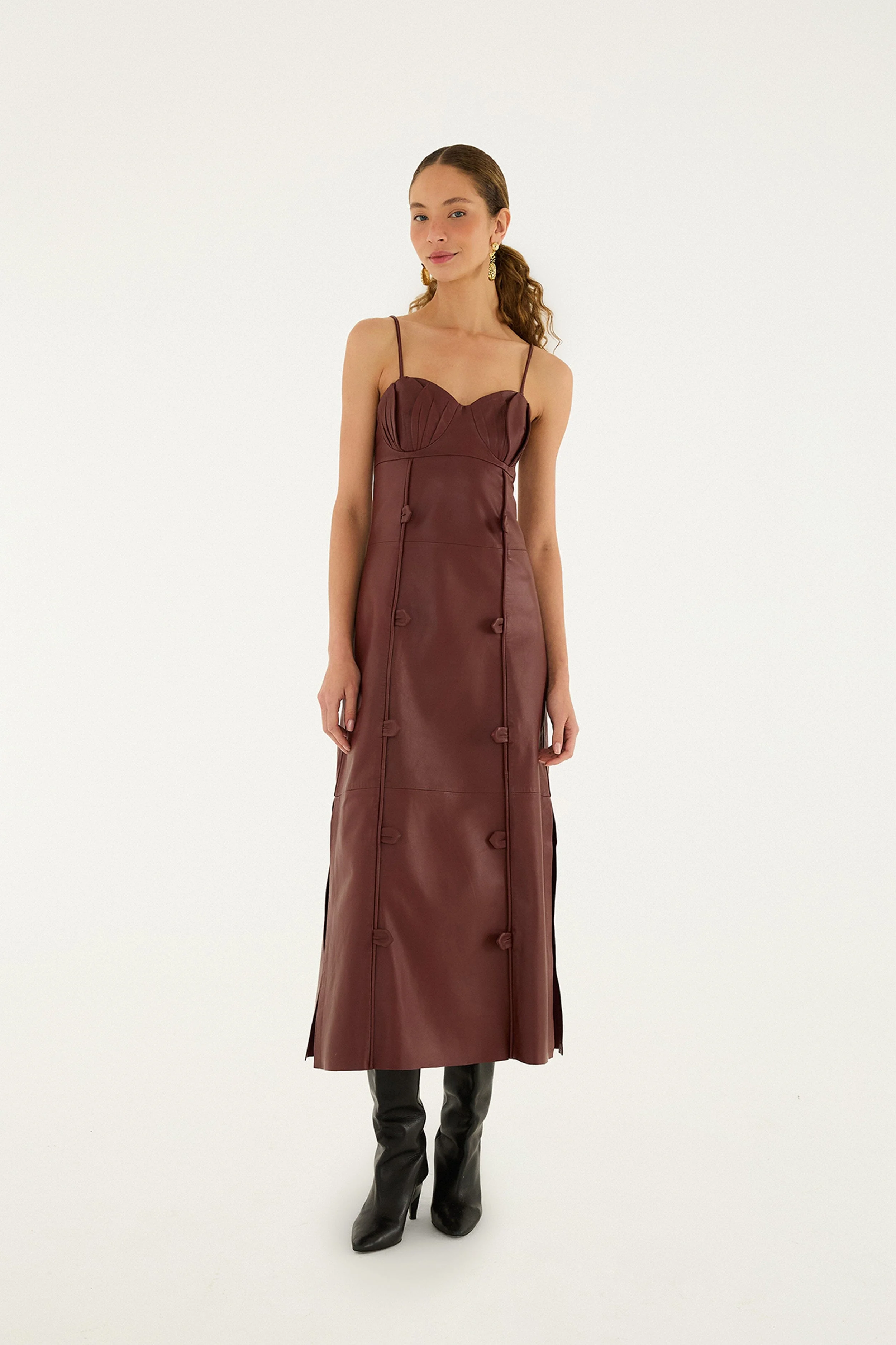 Burgundy 3D Flower Side Slit Leather Midi Dress - 1