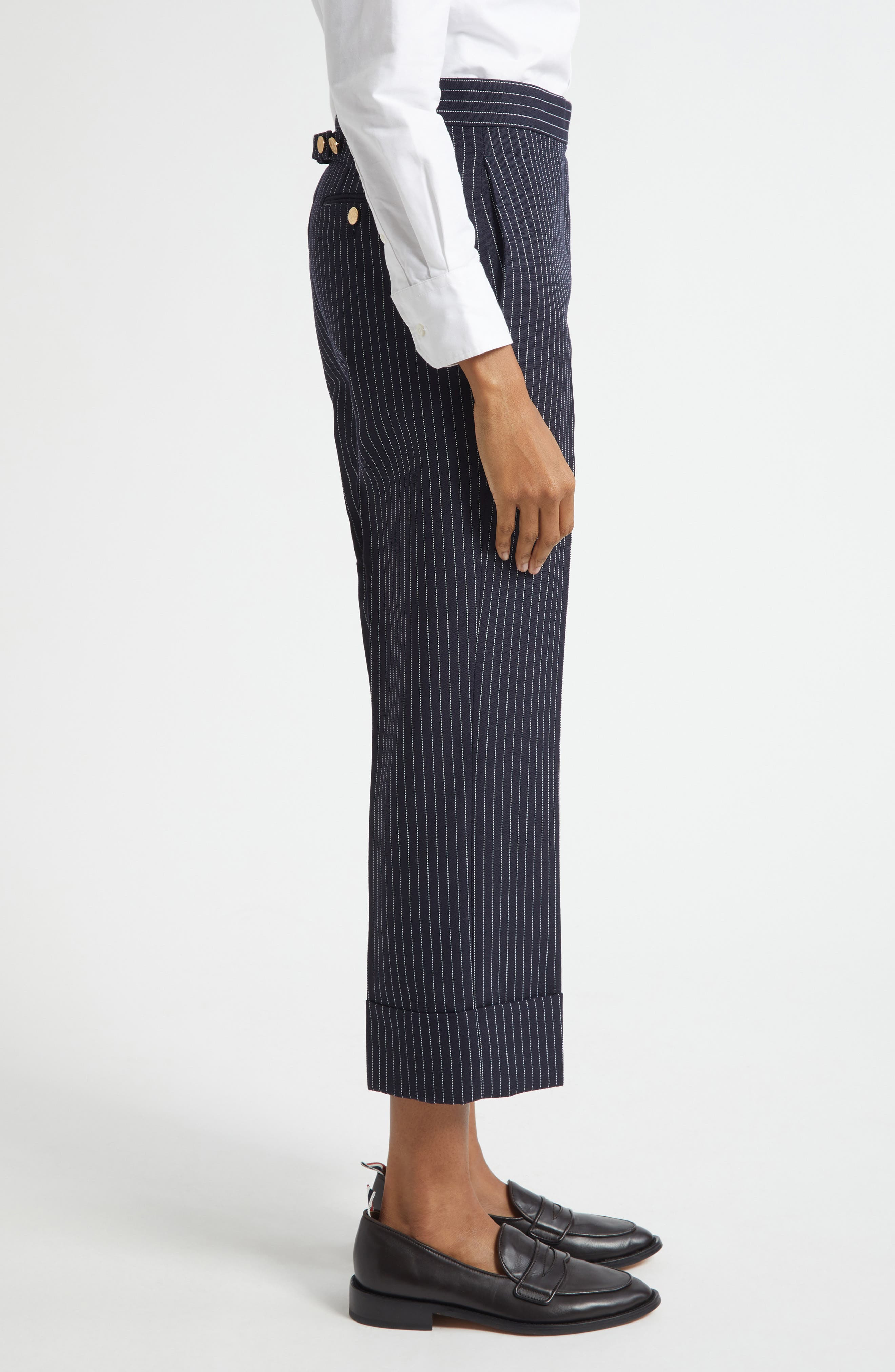 Thom Browne Fit 1 Pinstripe Wool Backstrap Virgin Wool Blend Pants in Navy at Nordstrom - 4