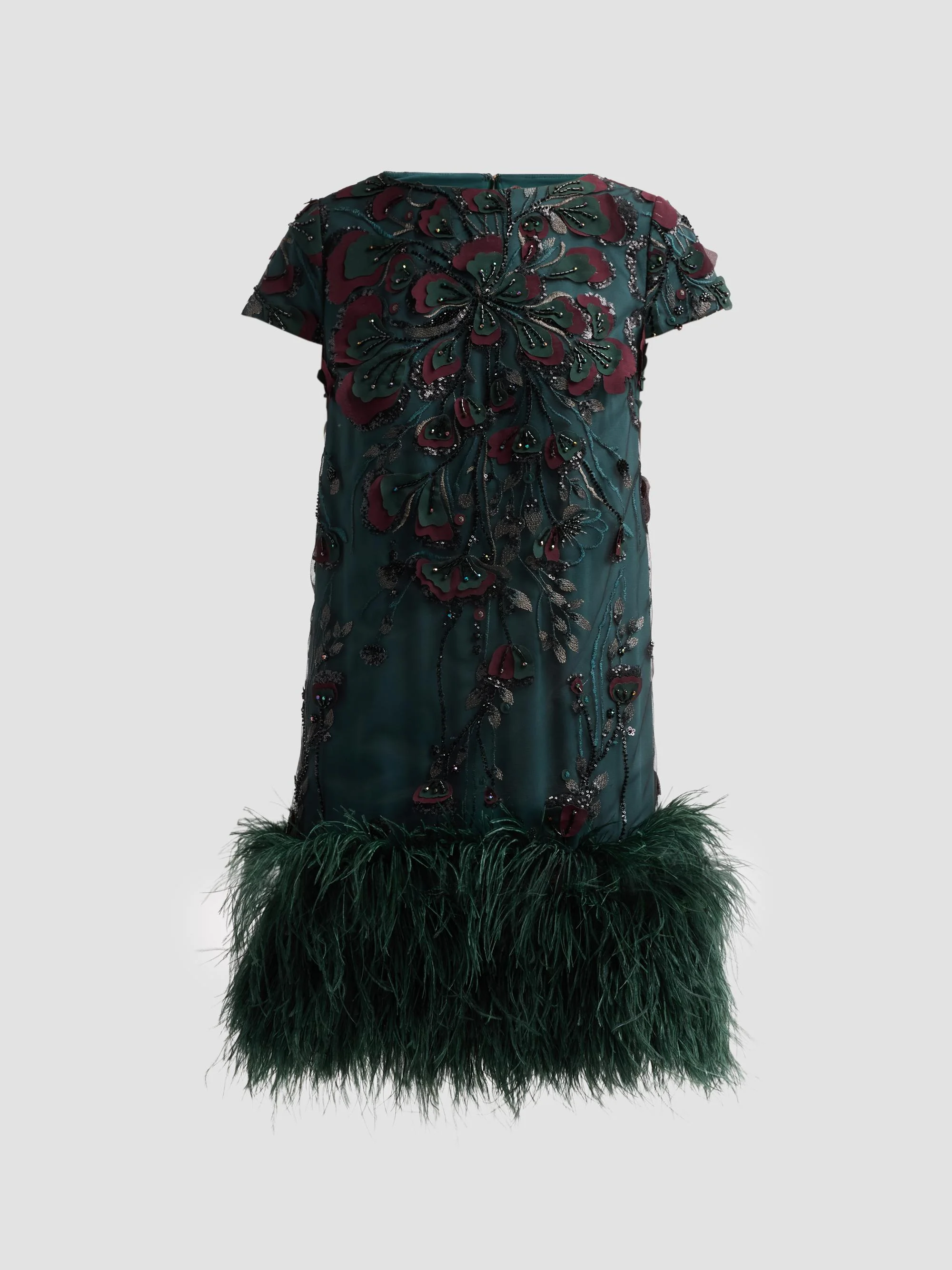 Women's Embroidered Feather-Hem Cocktail Dress - Pine - 1