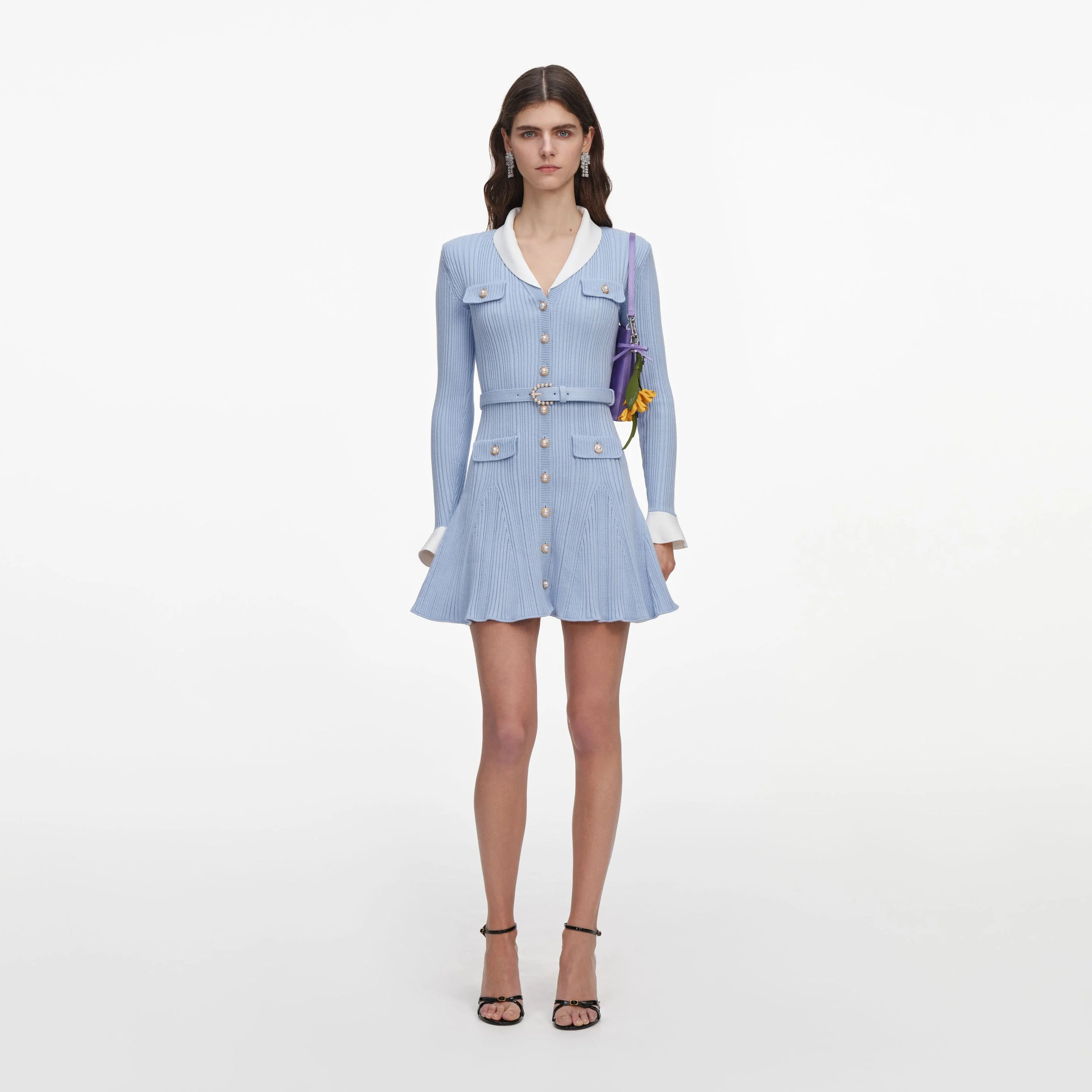 Blue Ribbed Knit Mini Dress - 1