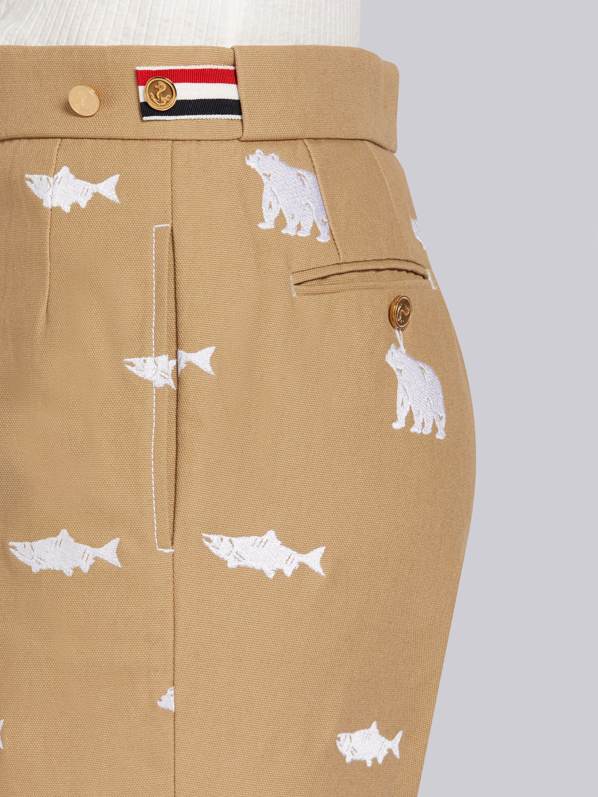 Camel Canvas Bear and Salmon Half Drop Fill Stitch Embroidery Low Rise Side Tab Skinny Trouser - 6