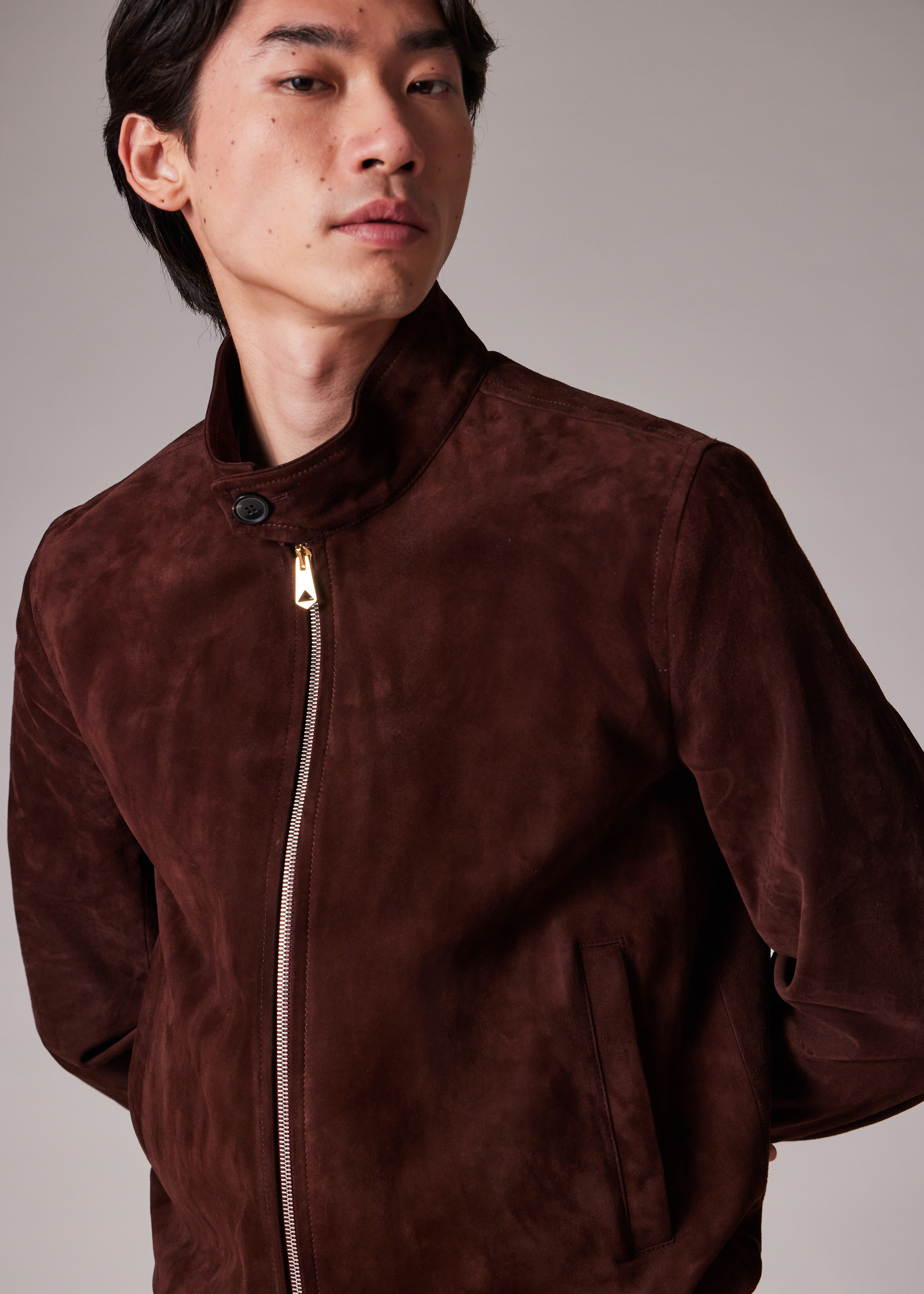 Brown Suede Funnel Neck Jacket - 9