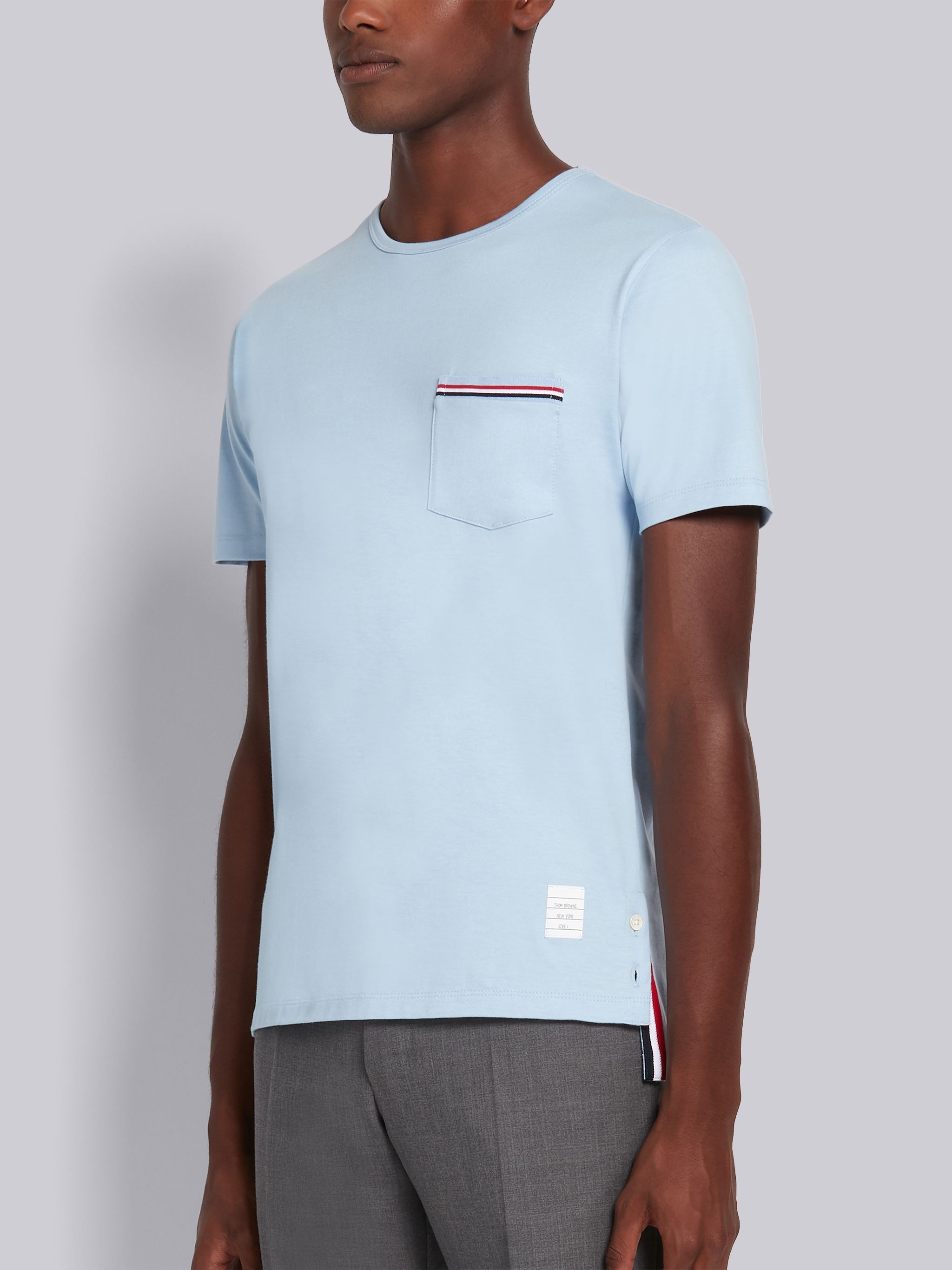 Light Blue Jersey Cotton Striped Chest Pocket Tee - 2