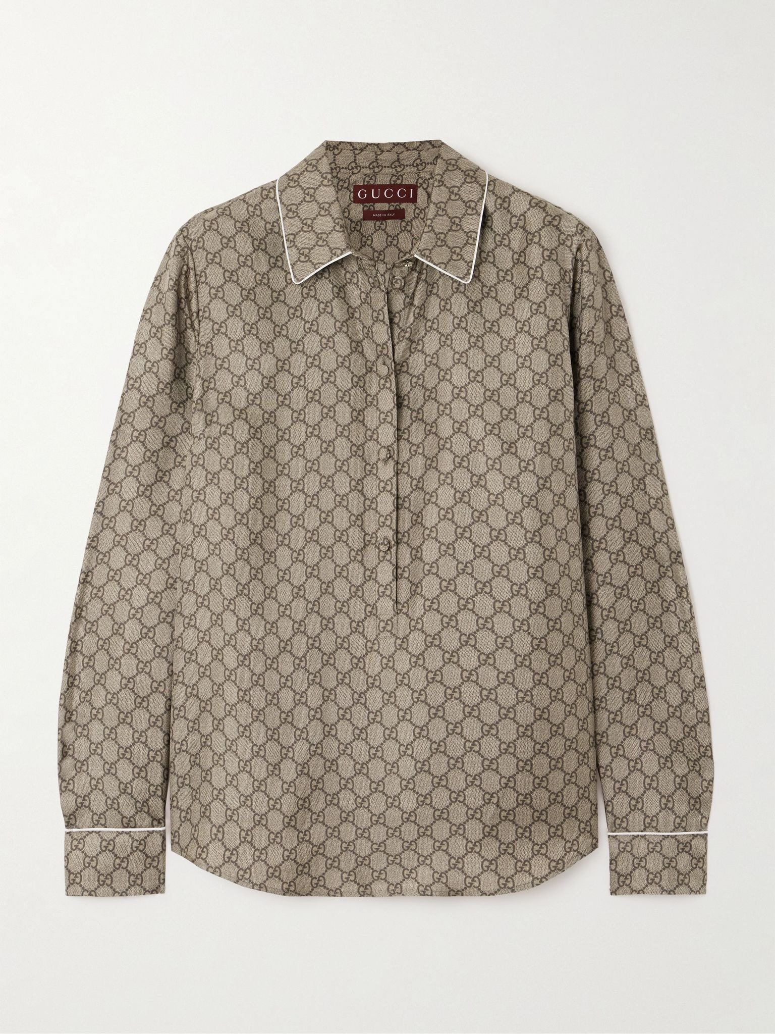 Monogram-print silk-satin shirt Camel - 1