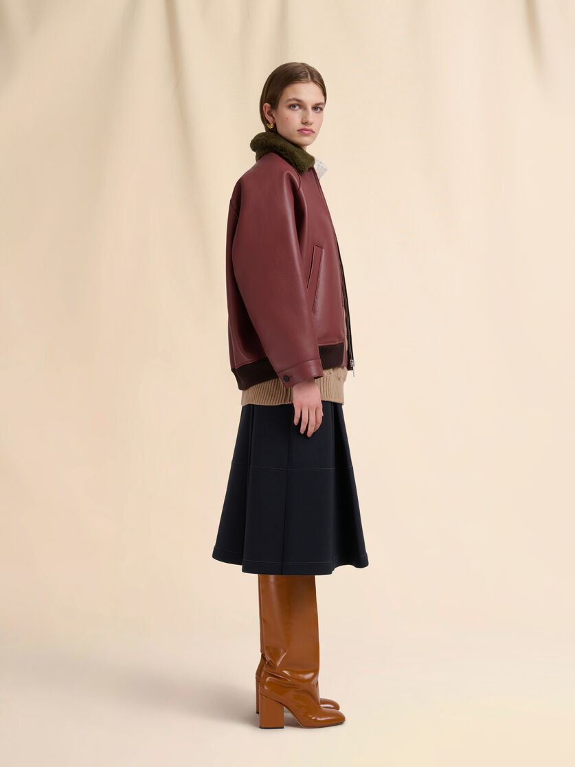 BURGUNDY LEATHER JACKET WITH SHEARLING COLLAR - 6