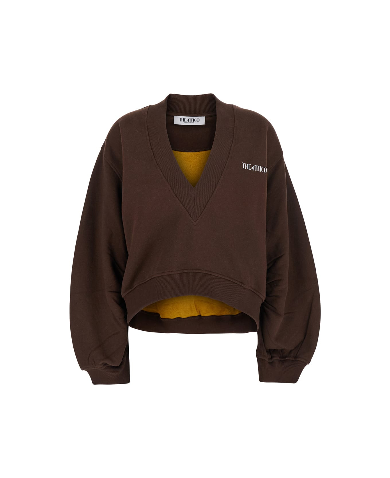 Brown Cropped Sweatshirt With V Neck And Logo Lettering On The Front In Cotton Woman - 1