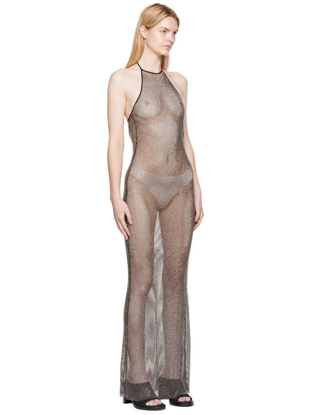 Black Rhinestone Fishnet Maxi Dress - 2