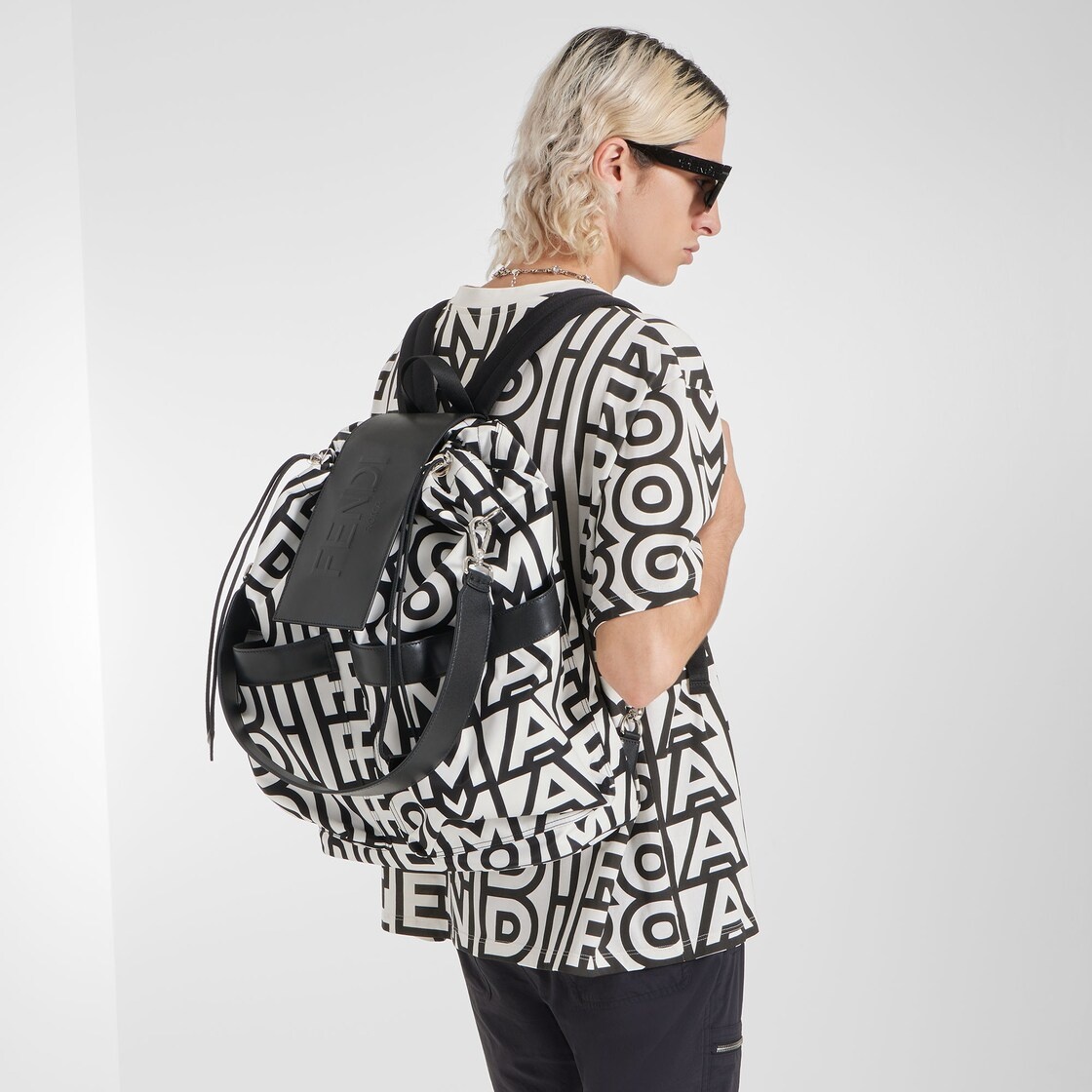 Large backpack made of nylon printed with the Fendi Roma logo in black and white, reinterpreted by M - 5