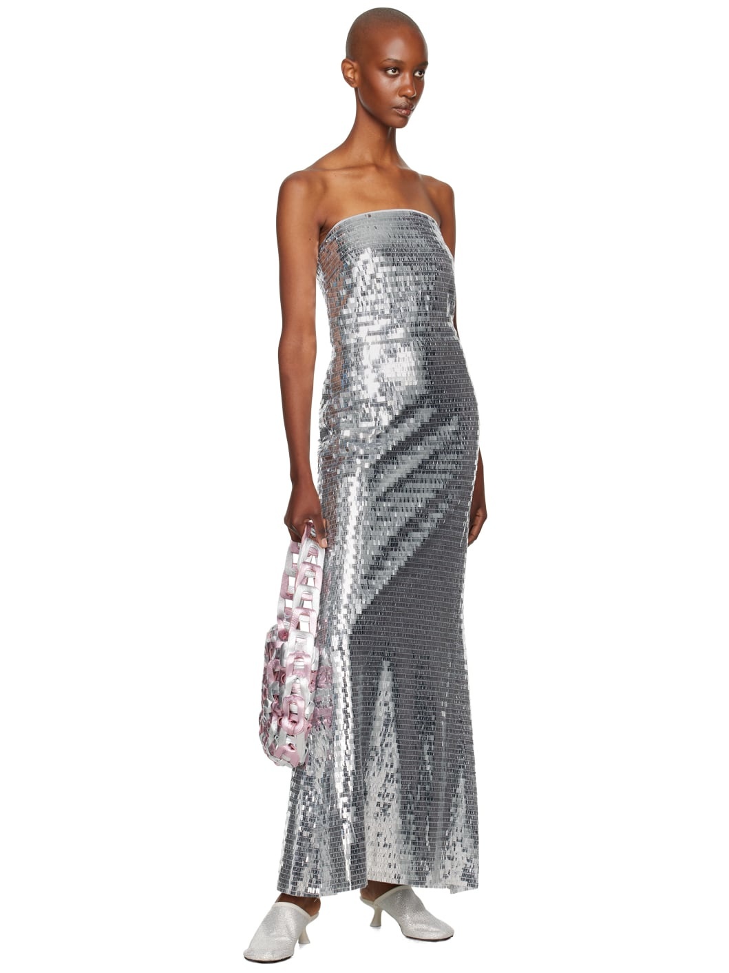Silver Sculpty Strapless Sequin Maxi Dress - 5