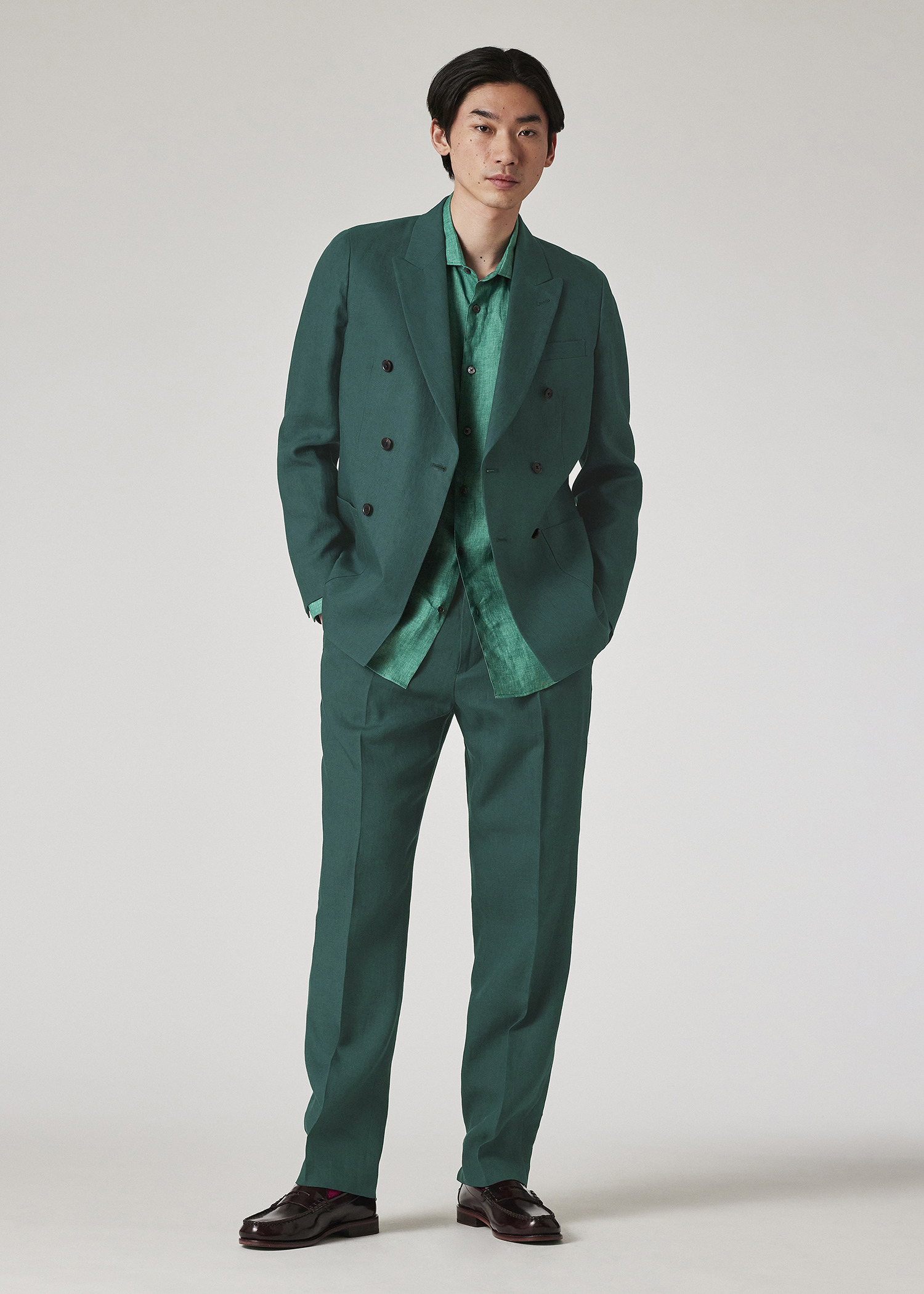 Dark Green Linen Double Breasted Blazer - 7
