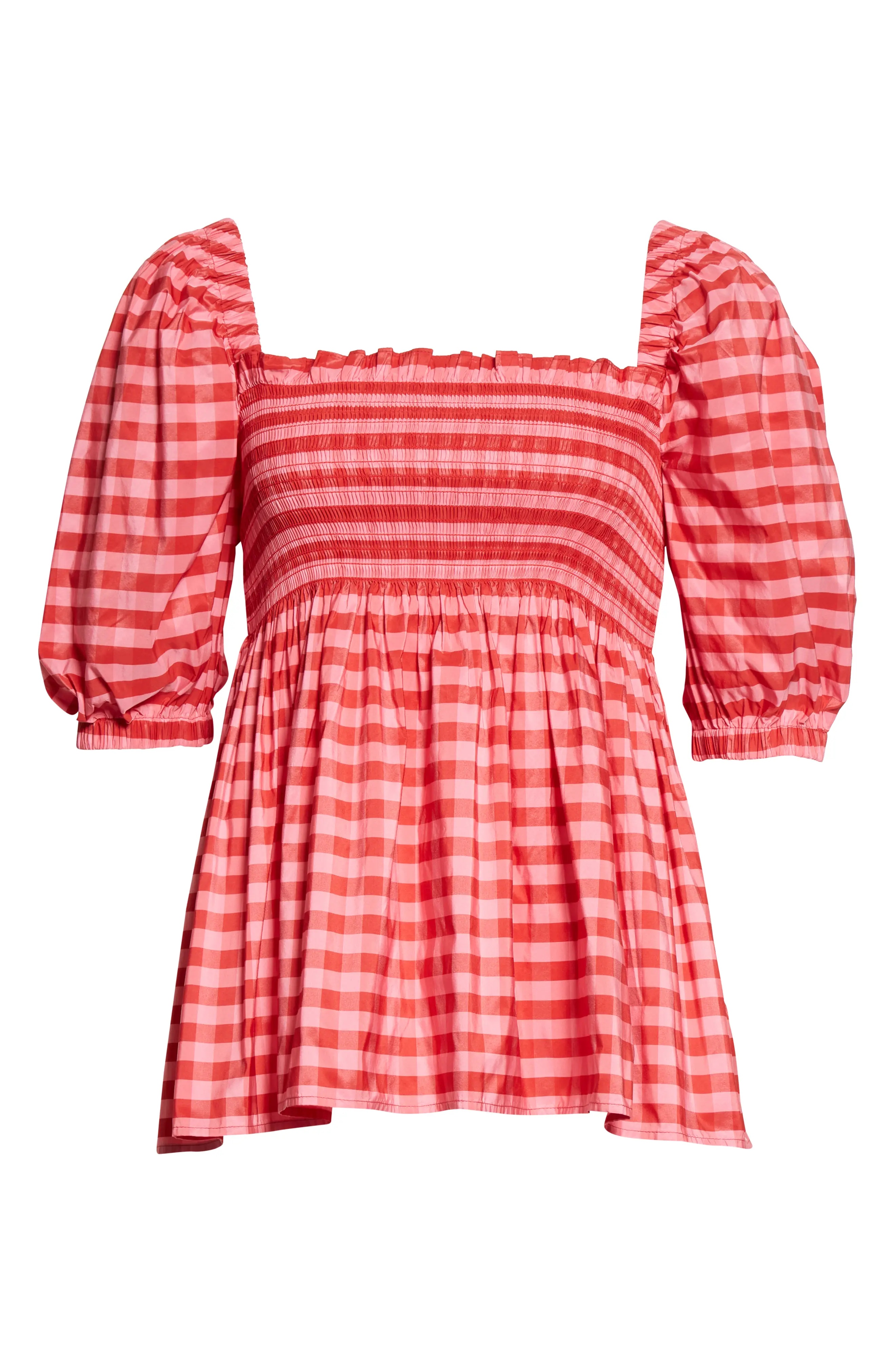 Women's Axel Gingham Smocked Taffeta Top in Pink/Red - 5