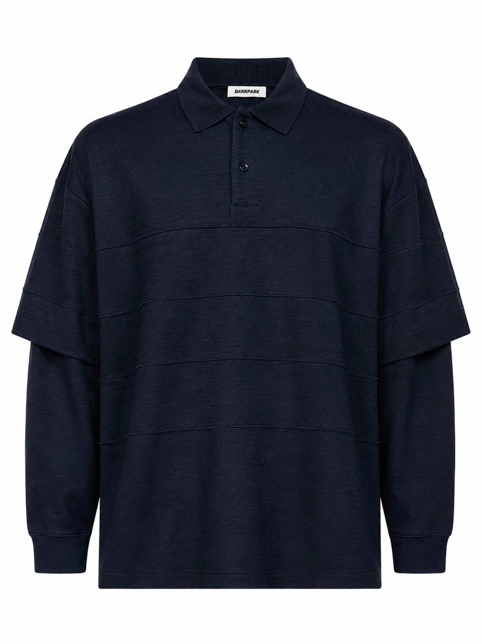 Blue zack wool double-sleeve striped polo sweater - 1