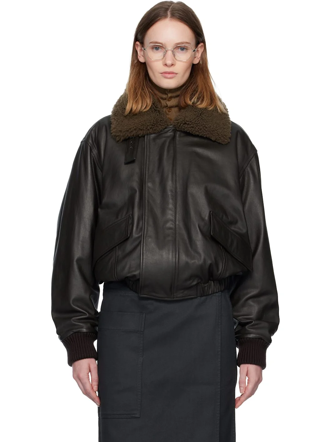 Brown Shearling Collar Blouson Leather Jacket - 1