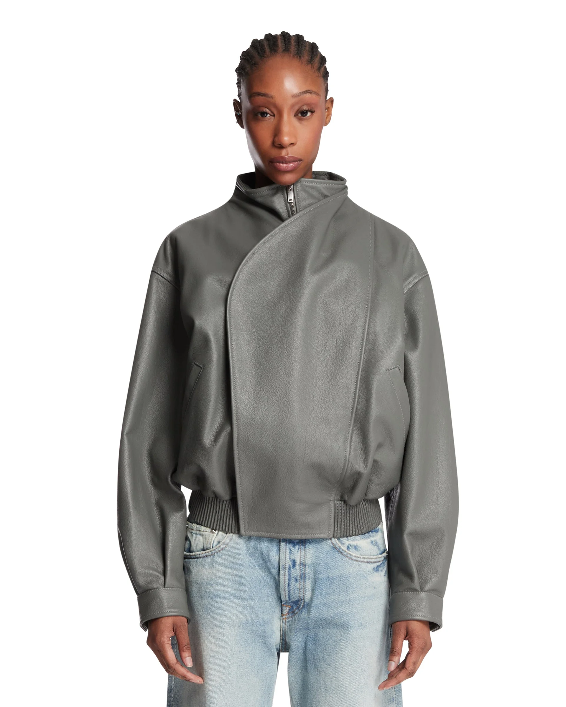 Gray Leather Bomber Jacket - 1