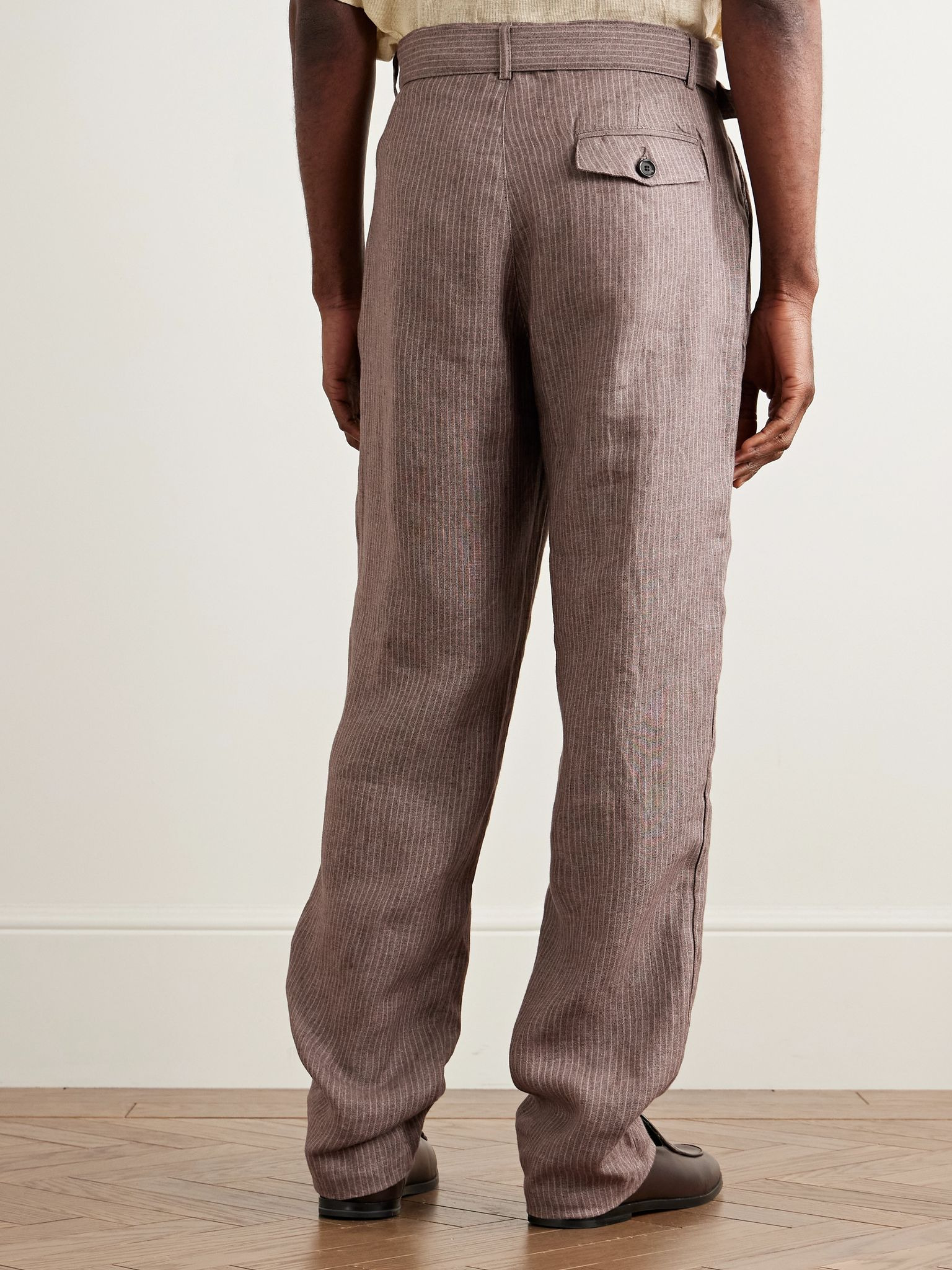 Wilkins Tapered Belted Pinstriped Linen Suit Trousers Brown - 4