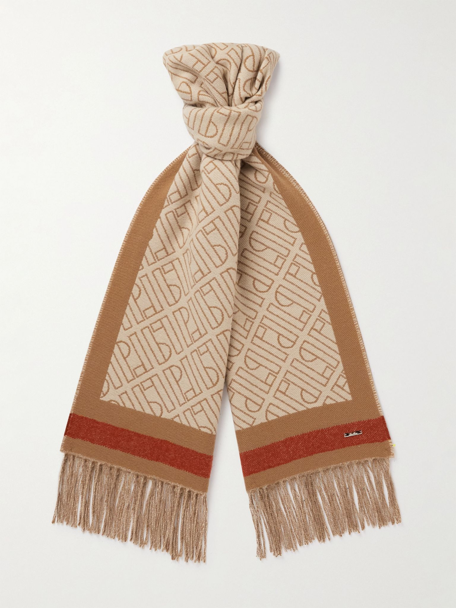 Fringed Logo-Jacquard Cashmere Scarf Tan - 1