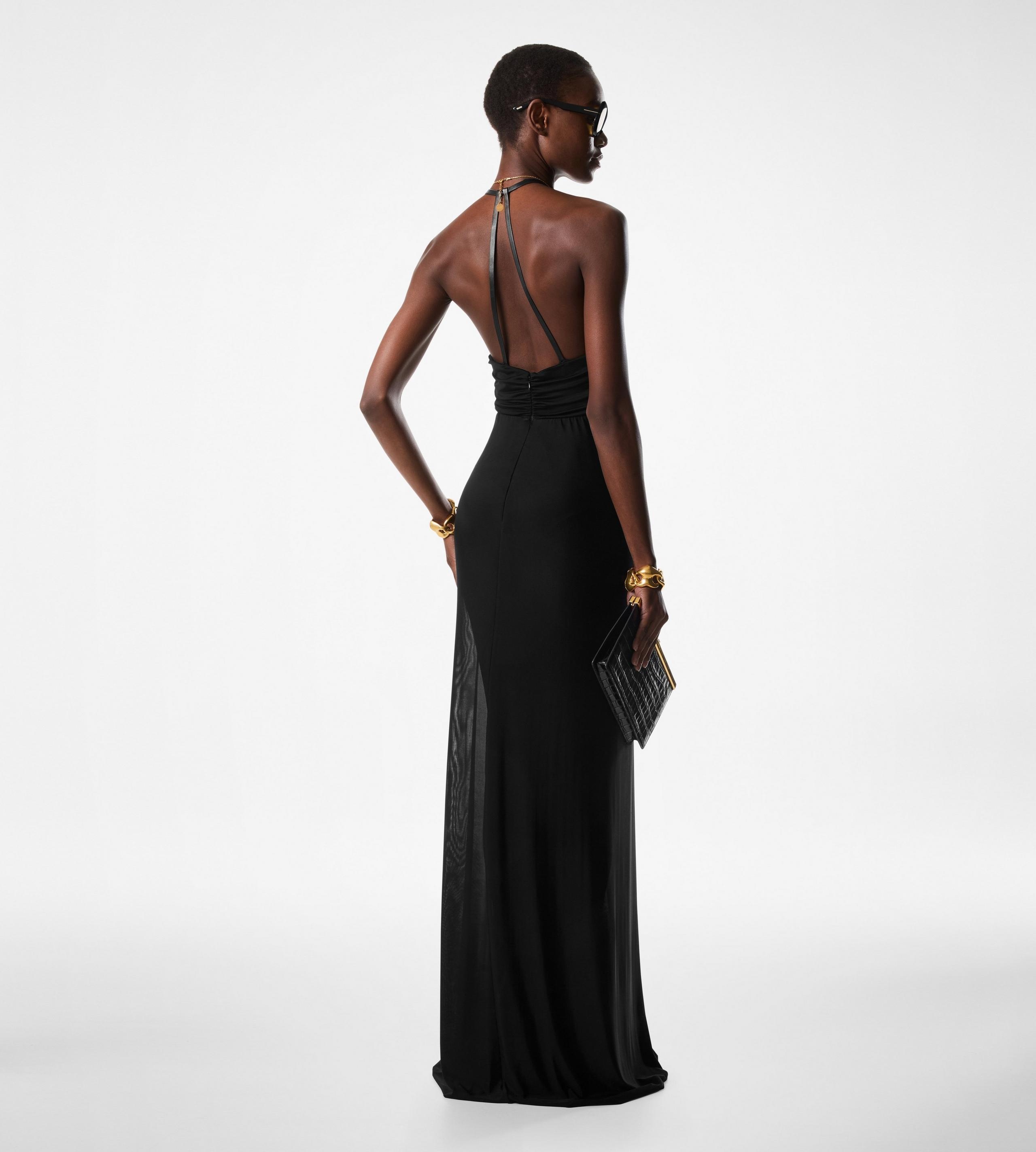 STRETCH JERSEY DEEP V-NECK EVENING DRESS - 4