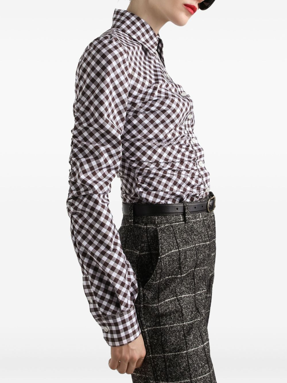 gingham-check gathered shirt - 4