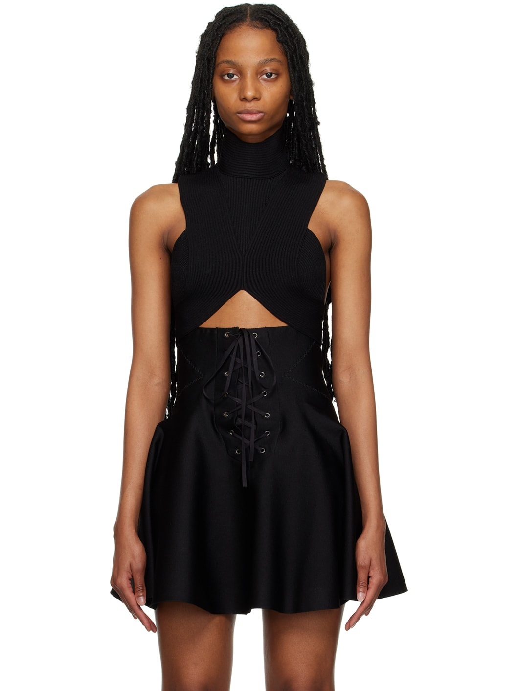 Black Circular Rib Crop Tank Top - 1