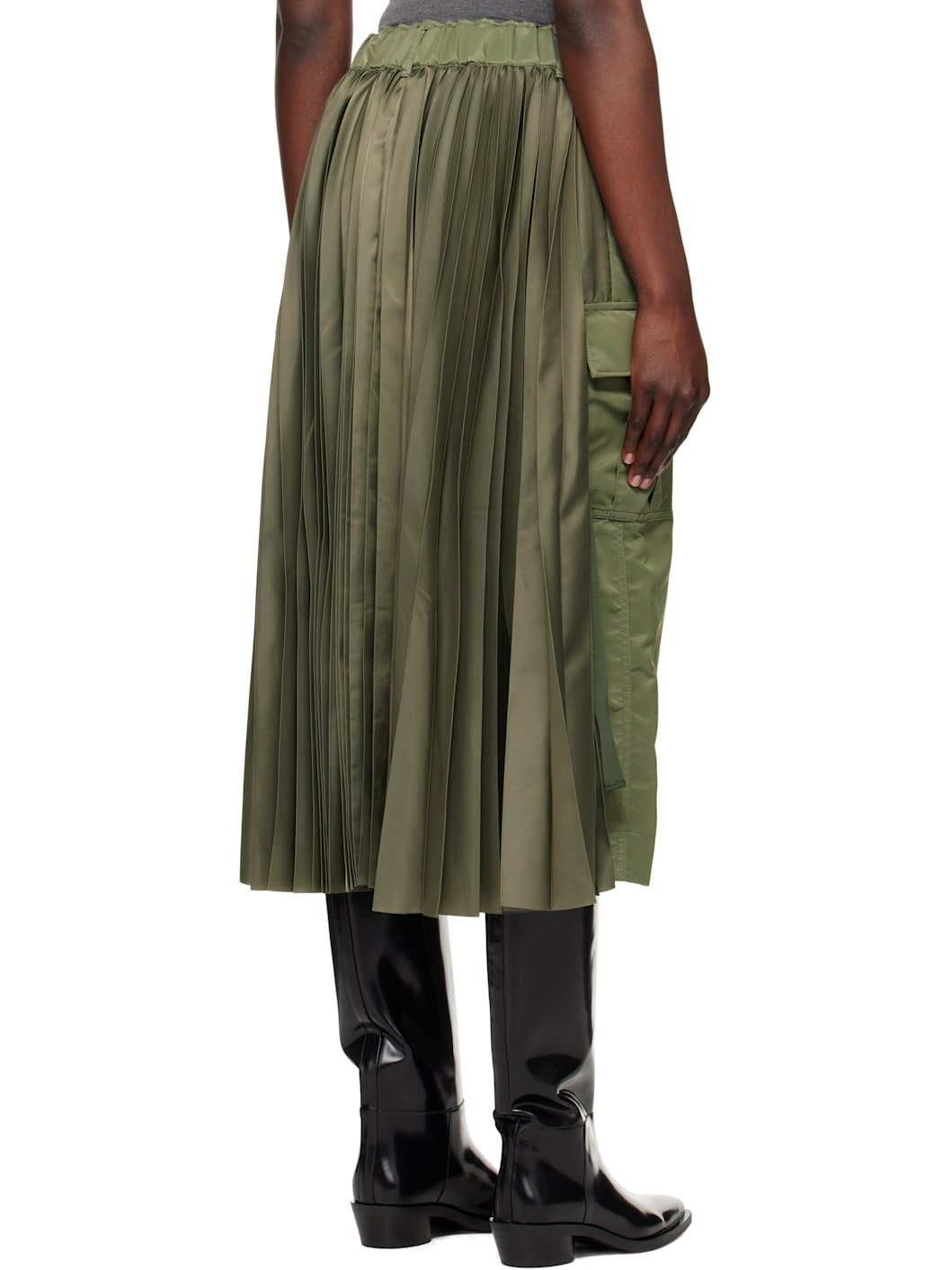 Khaki Nylon Twill Midi Skirt - 3