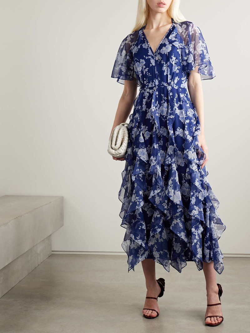 CAROLINA HERRERA Cape-effect ruffled floral-print silk-crepon midi dress Bright blue outlook