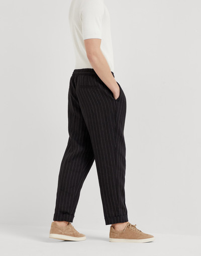 Brunello Cucinelli Linen chalk stripe leisure fit trousers with drawstring and double pleats outlook
