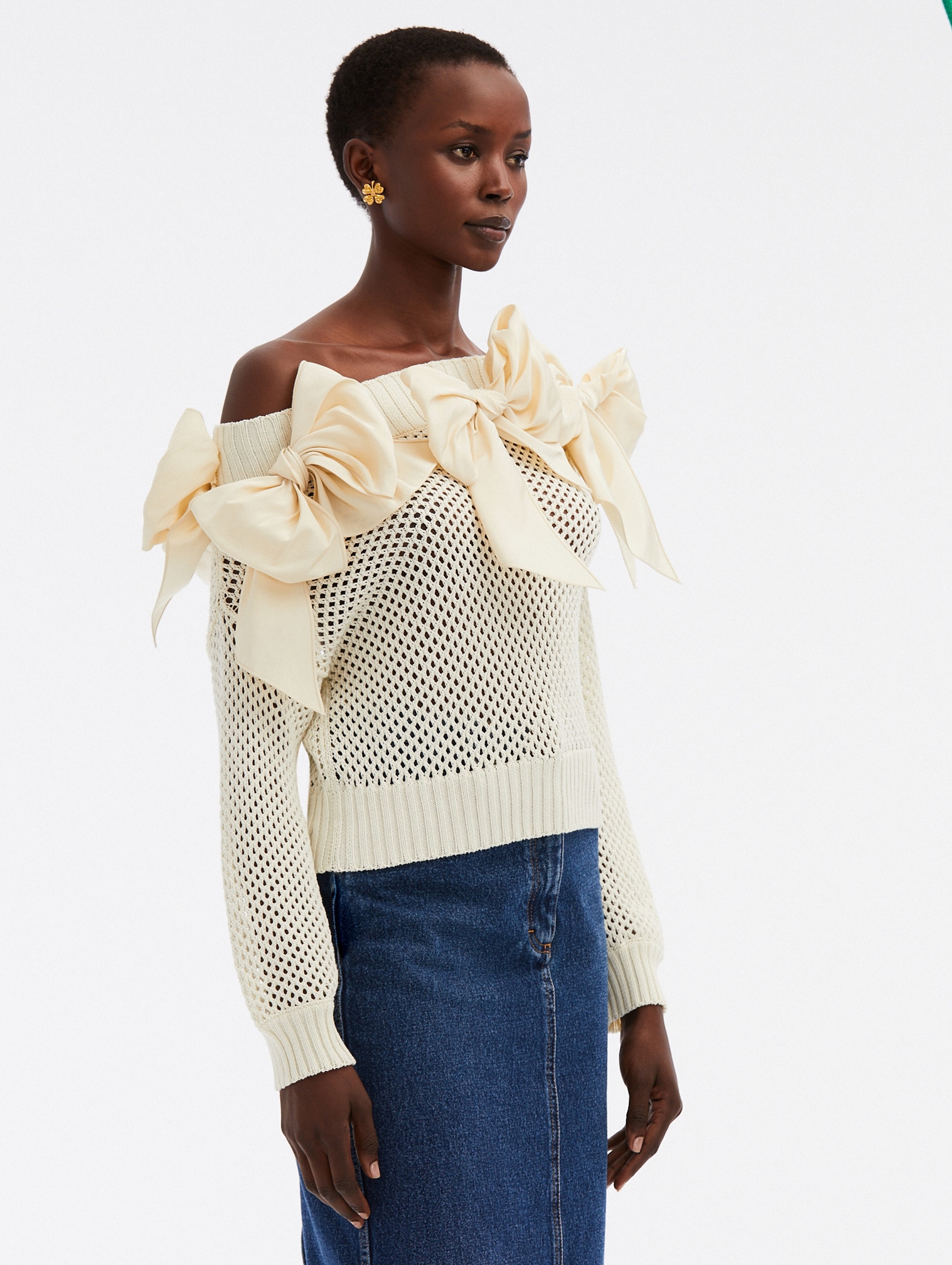 OFF SHOULDER FAILLE BOW PULLOVER - 3