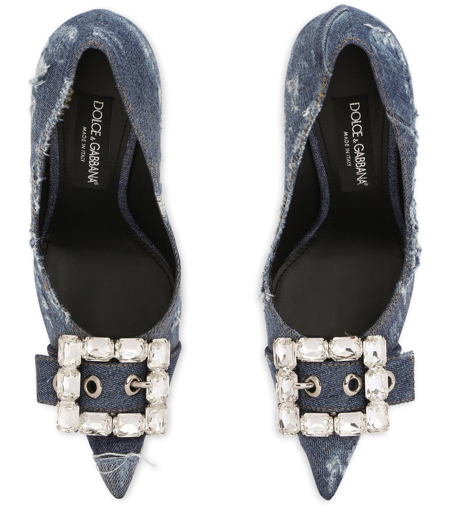 Patchwork denim pumps with rhinestone buckle - 4