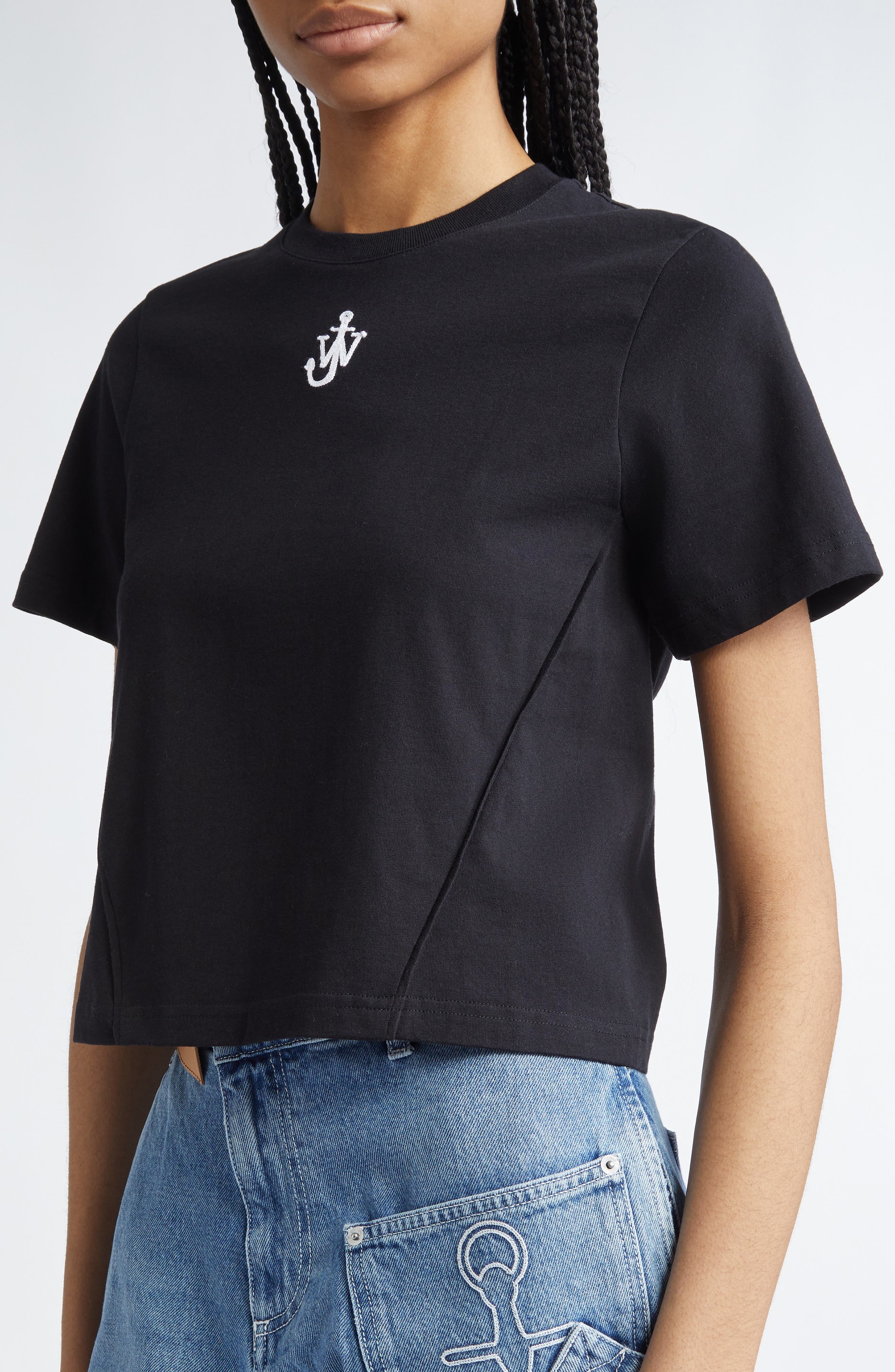 JW Anderson Panelled Anchor Embroidered Crop T-Shirt in Black at Nordstrom - 4