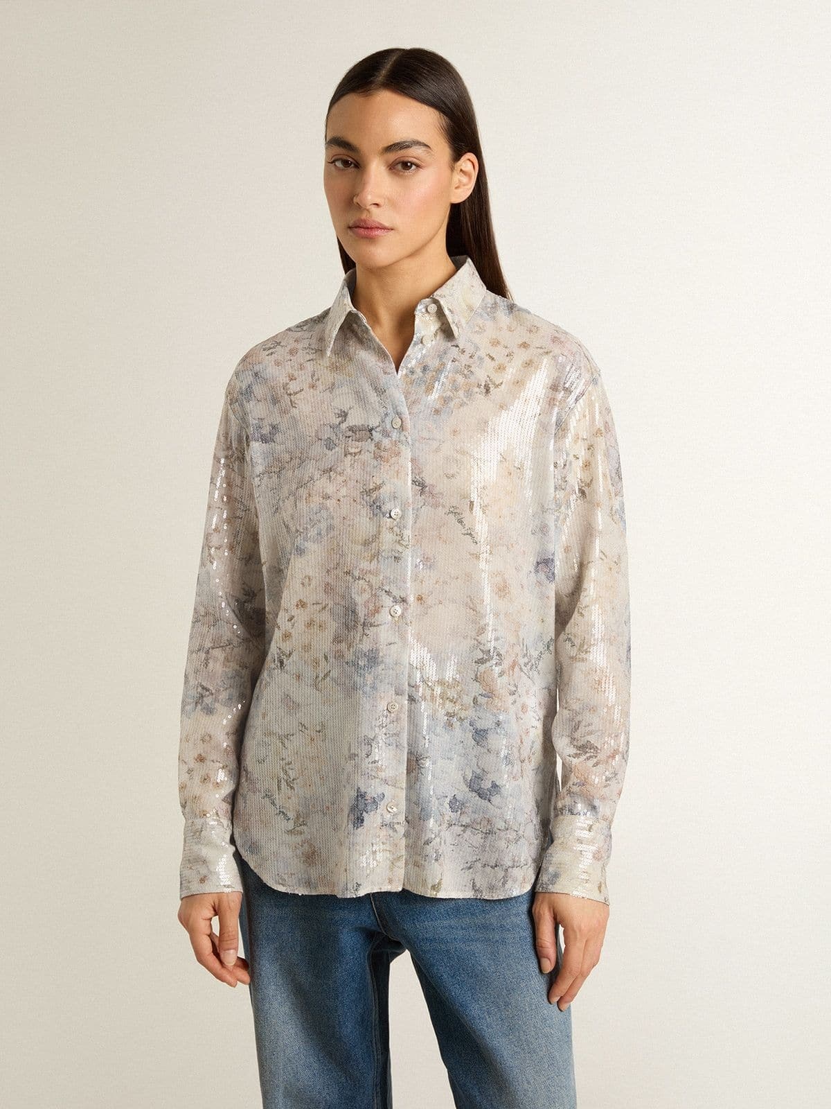 Women's shirt with multicolor floral sequin print - 2