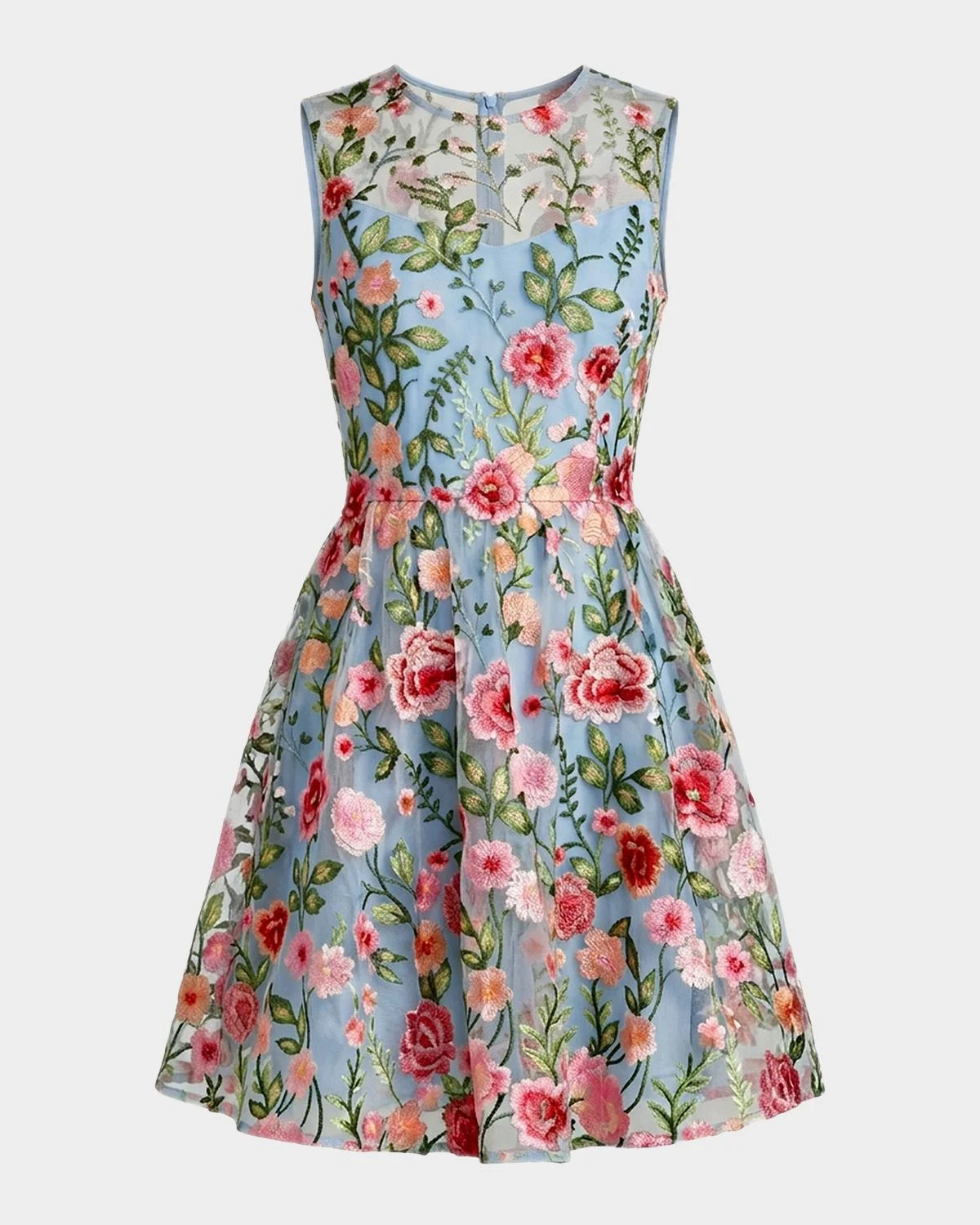 Floral-Embroidered Lace Illusion A-Line Mini Dress - 1