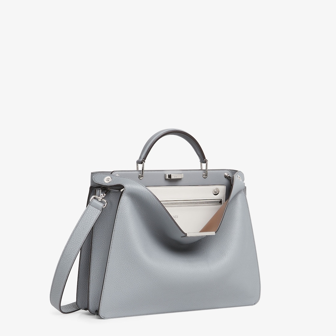Medium iconic Peekaboo ISeeU bag, made of gray Cuoio Romano leather. The interior is organized into  - 3