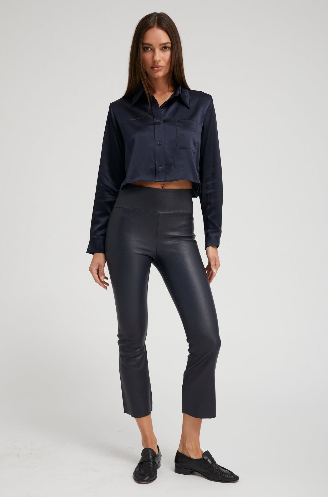 NAVY SILK CROPPED BUTTON DOWN - 2