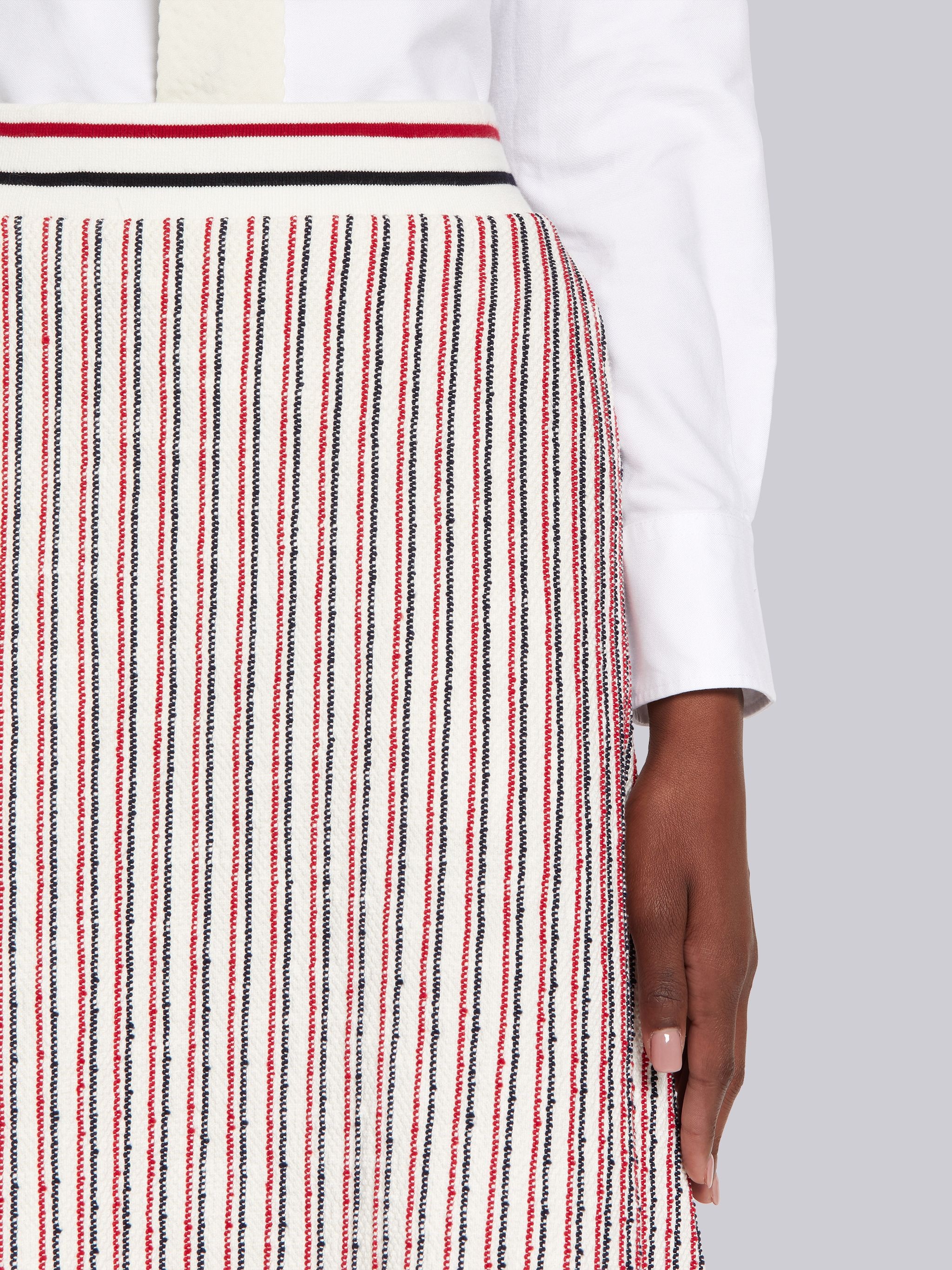 Multicolor Textured Cotton Tweed Multicolor Stripe Flared Skirt - 5