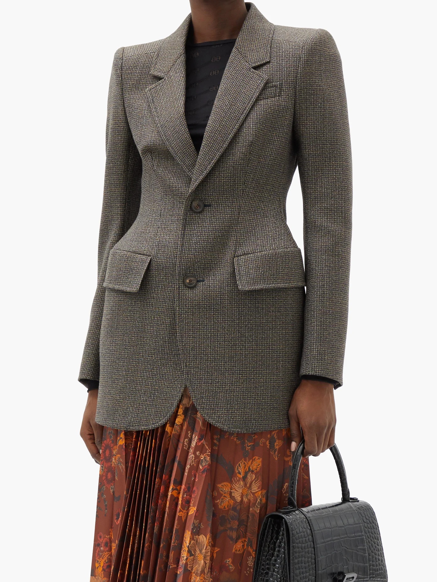 Hourglass-waist checked wool-tweed blazer - 6