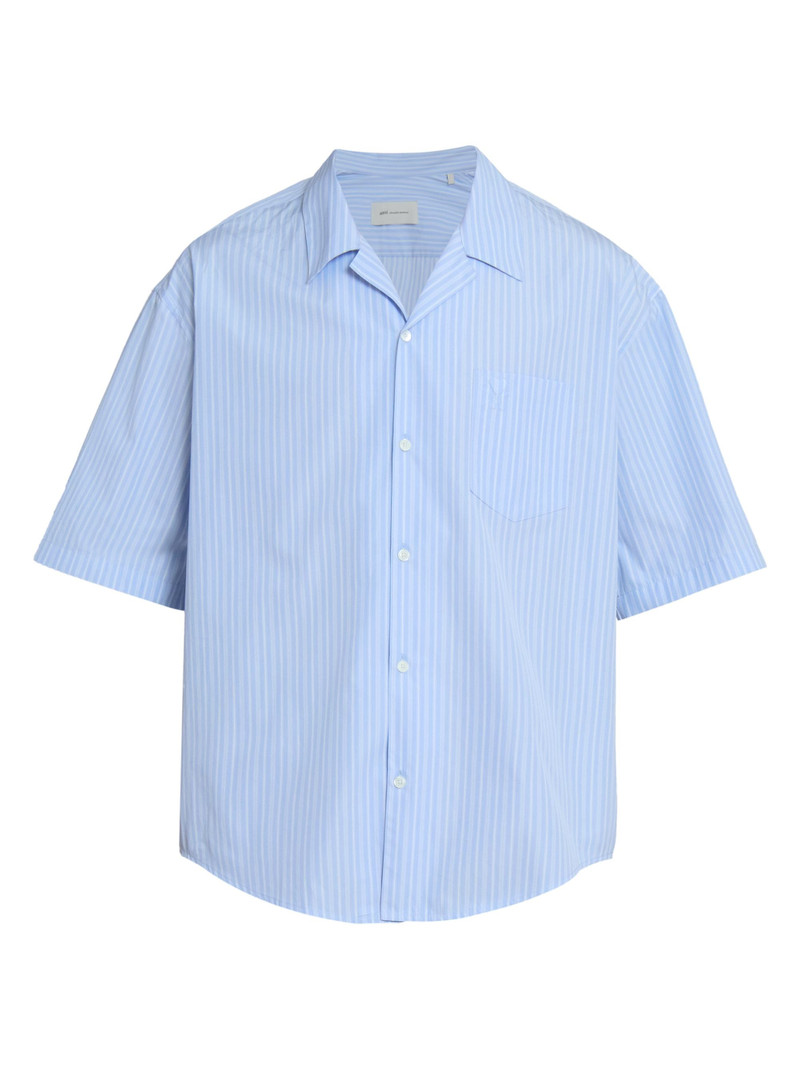 Men's Striped Cotton Boxy Camp Shirt - Bleu Cachemire Blanc 1
