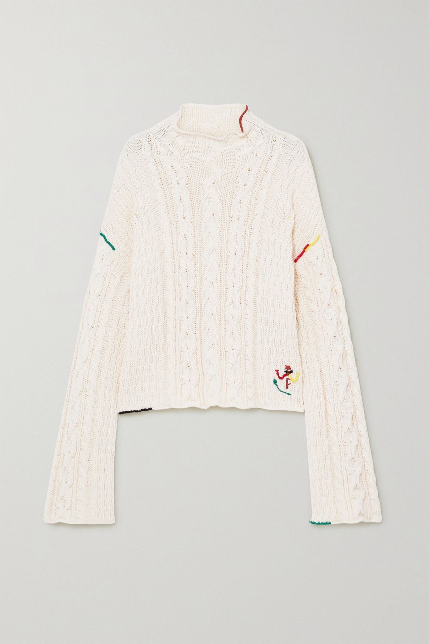 Embroidered cable-knit cotton sweater - 1