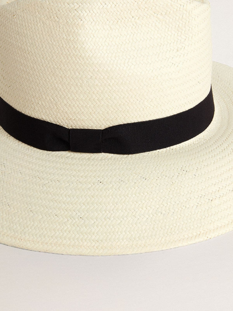 Golden Goose Golden fedora hat in white straw with black ribbon and marine print under the brim outlook