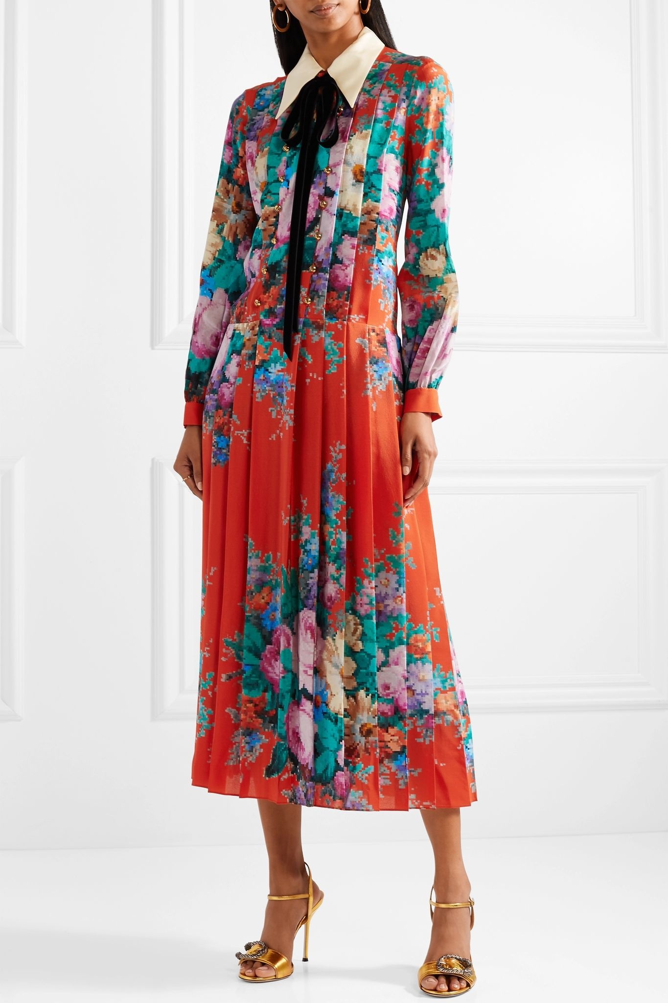 Velvet-trimmed pleated printed silk crepe de chine midi dress - 3