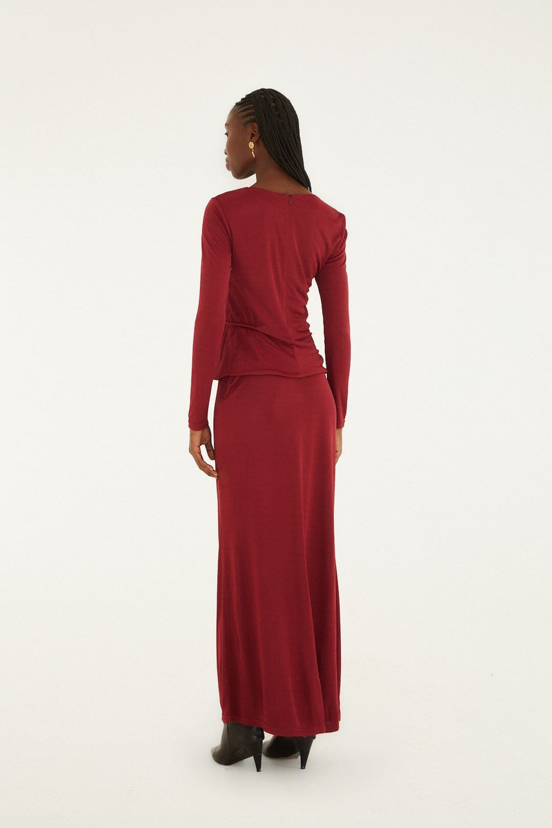 Burgundy 3D Flower Draped Side Slit Maxi Skirt 3