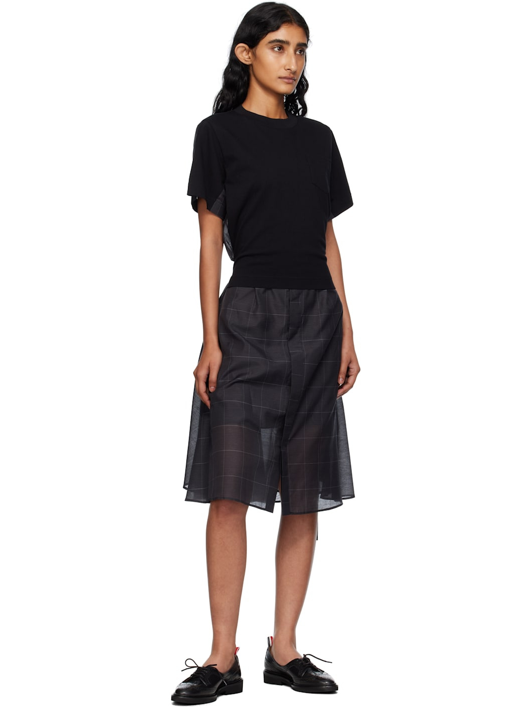 Black Glen Check & Cotton Jersey Midi Dress - 4