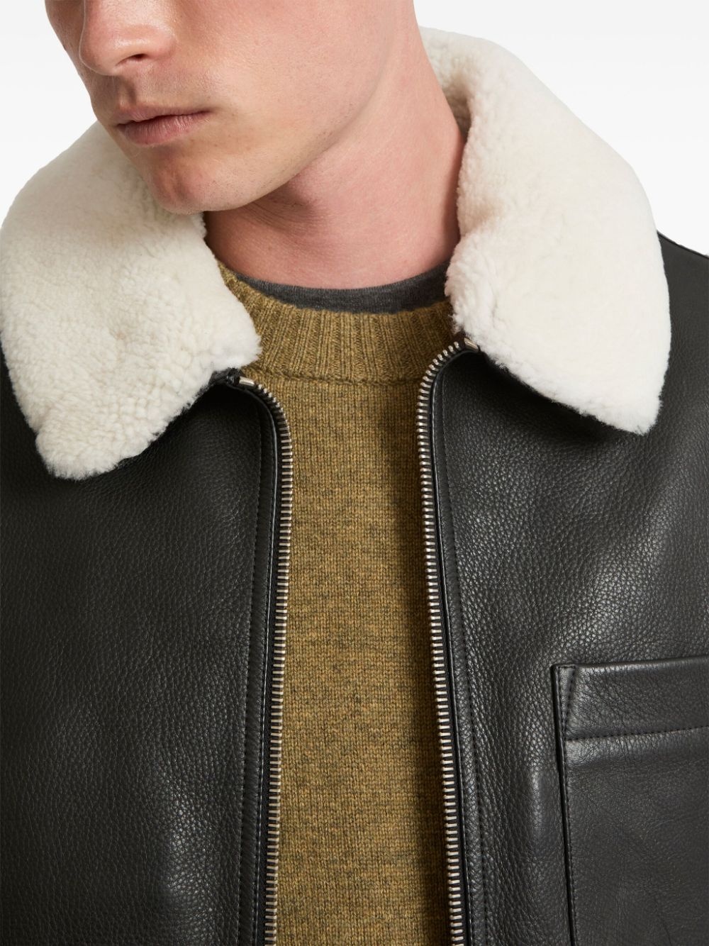 shearling collar leather jacket - 5