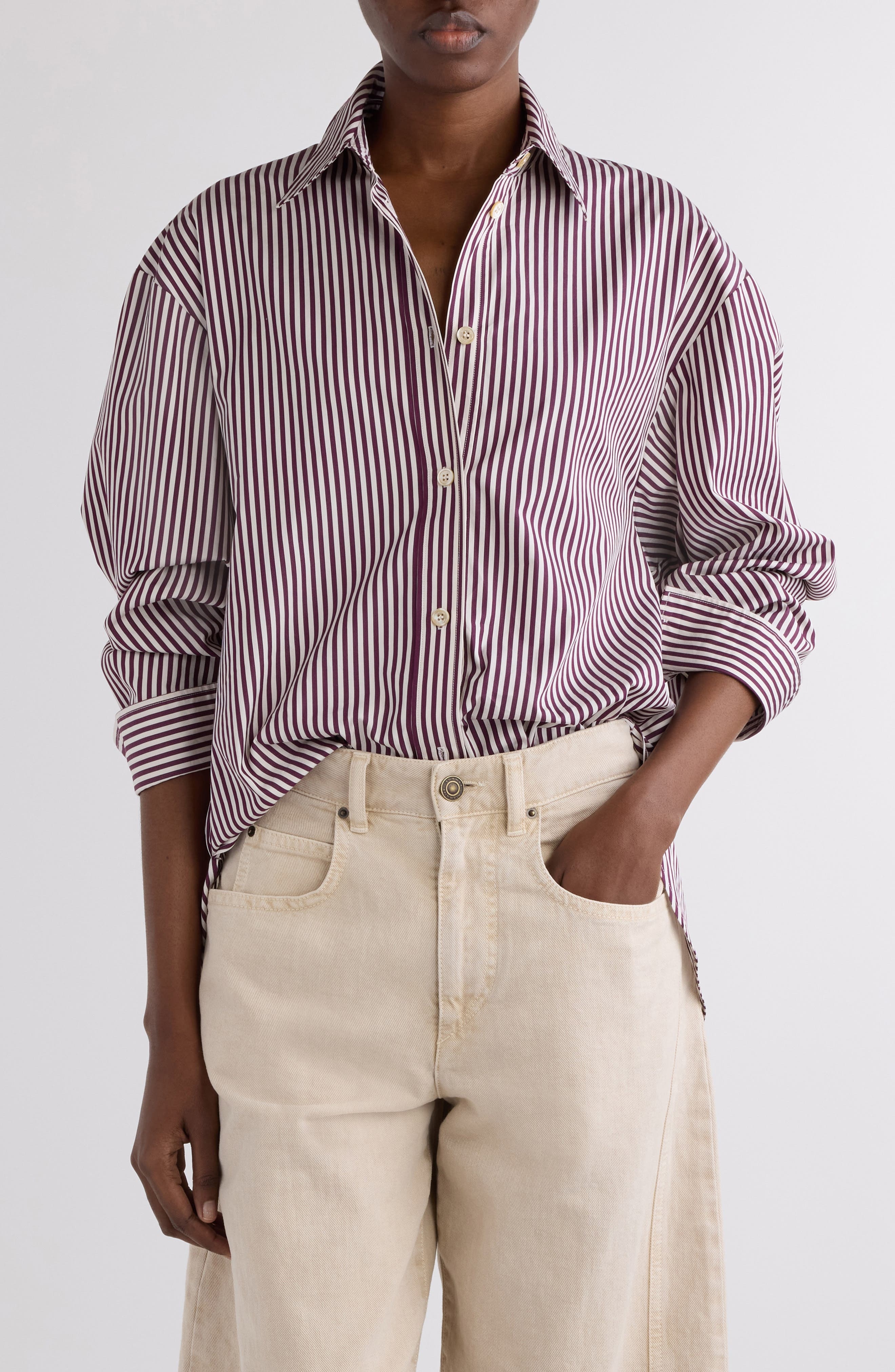 Isabel Marant Fabriza Stripe Cotton Poplin Button-Up Shirt in Ecru/Burgundy at Nordstrom - 1