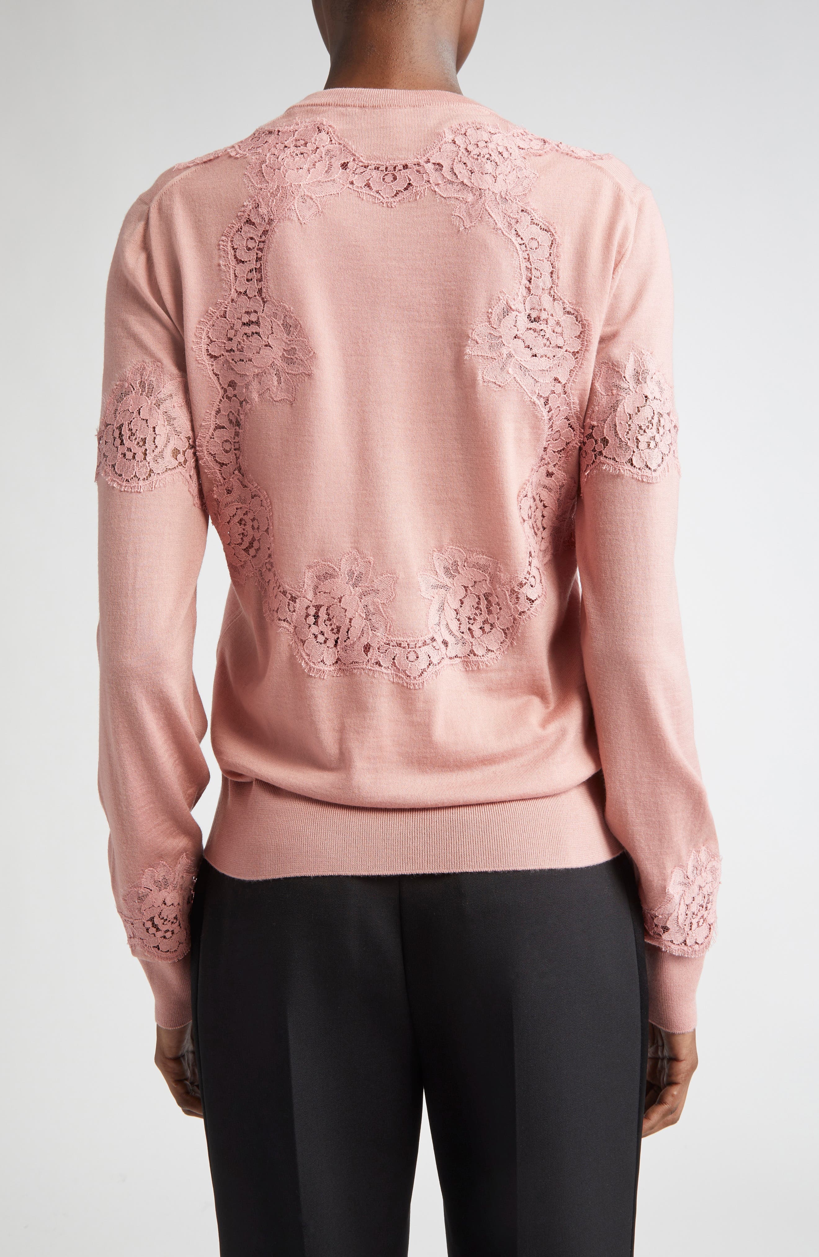 Dolce&Gabbana Lace Detail Virgin Wool & Cotton Blend Cardigan in Rosa Polvere Scuro at Nordstrom - 2
