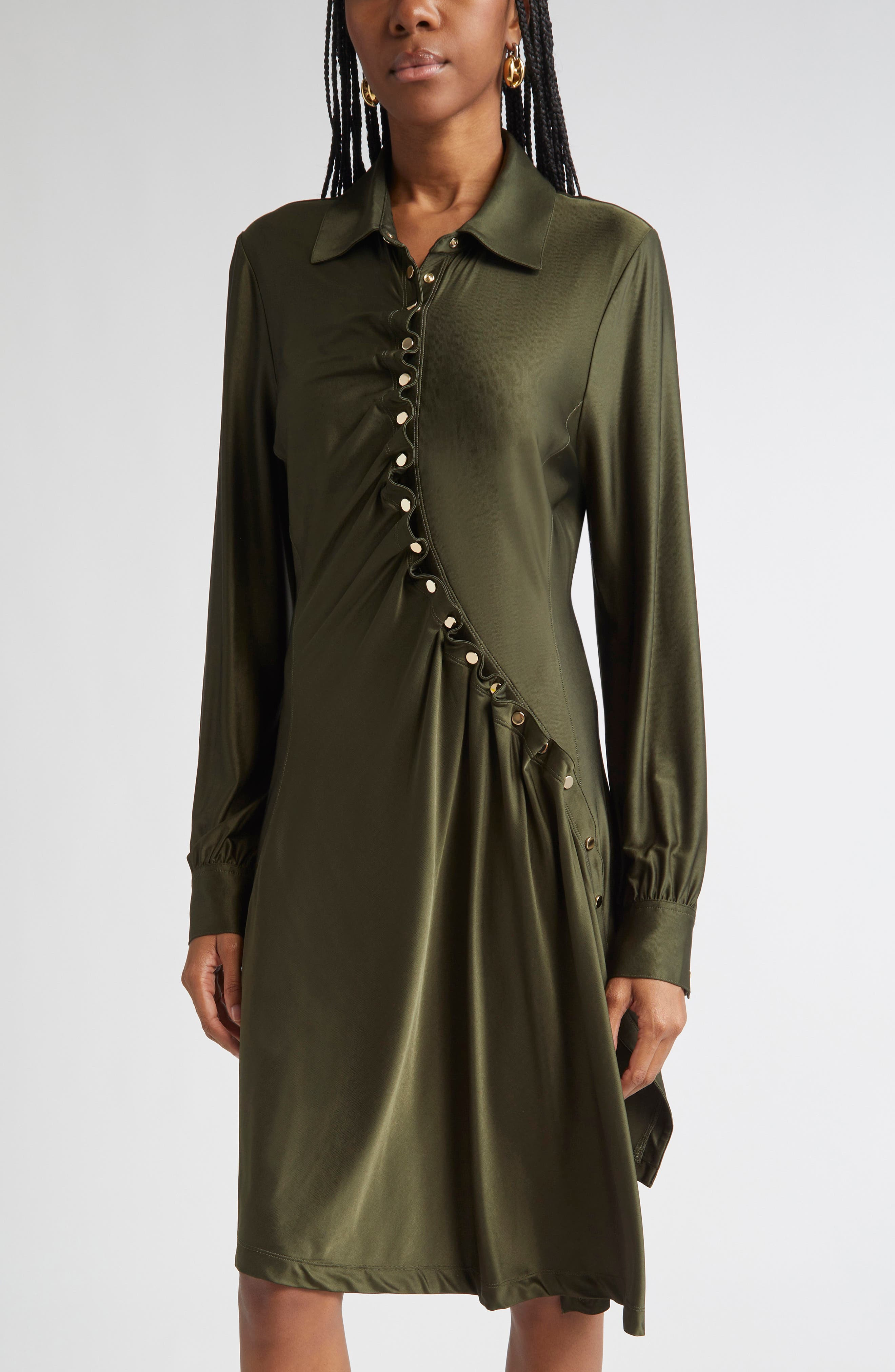 Rabanne Draped Long Sleeve Jersey Minidress in New Kaki at Nordstrom - 4