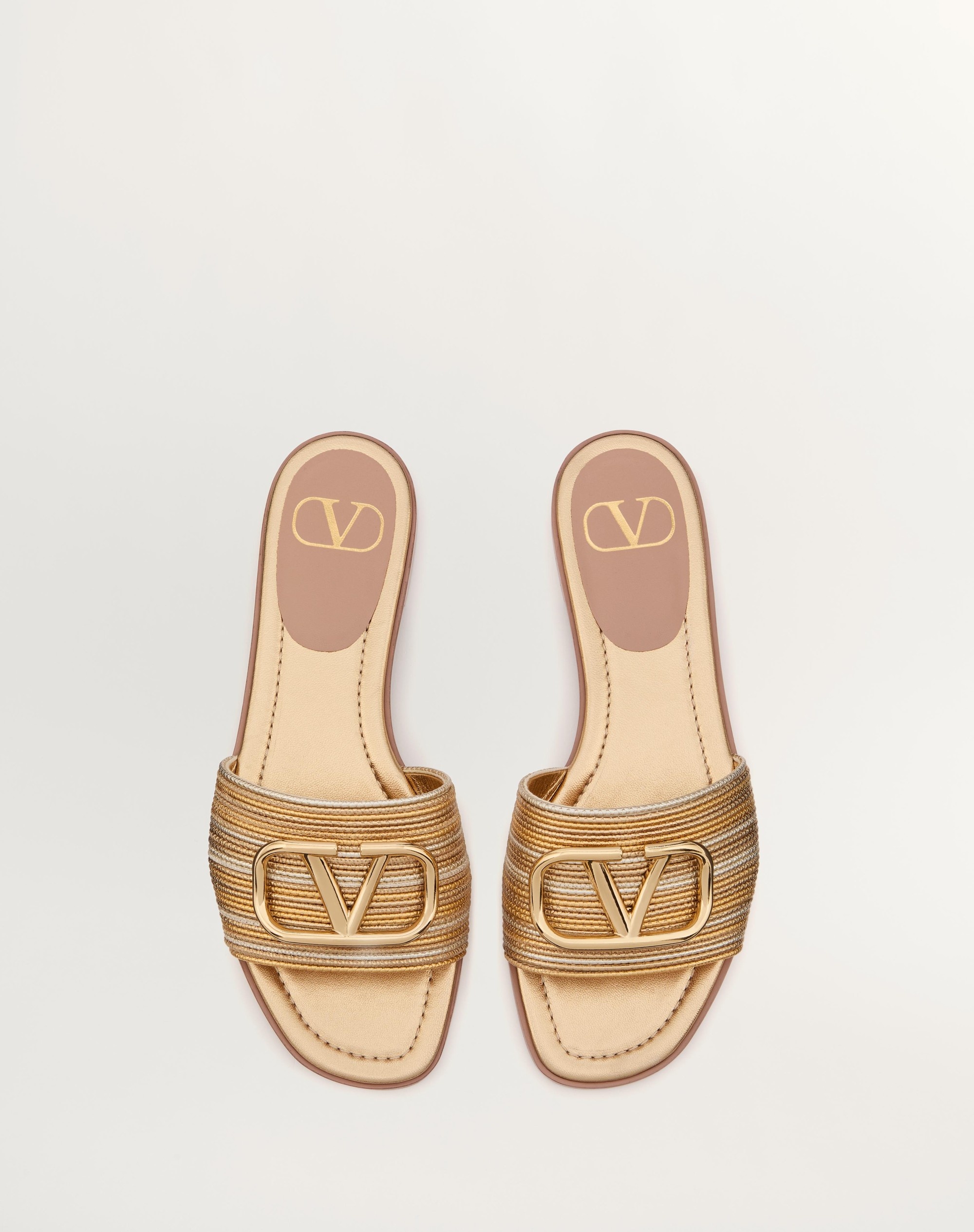 VLOGO SIGNATURE METALLIC LEATHER SLIDE SANDAL WITH CORNELY EMBROIDERY - 3