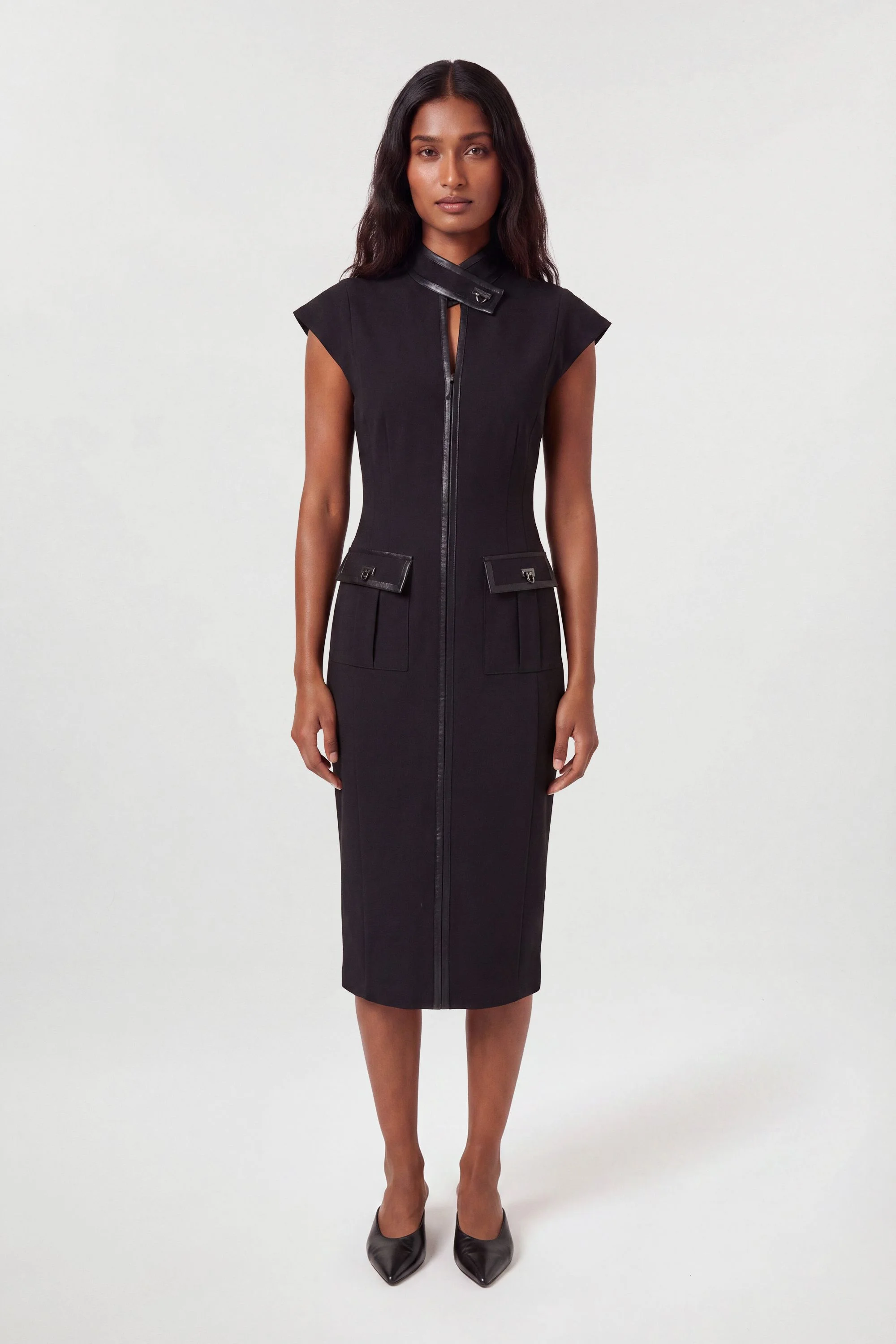 Compact Stetch & PU Turn Lock High Neck Tailored Midi Dress - 1