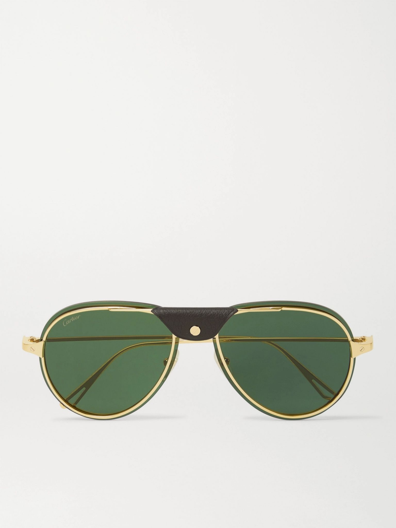 Aviator-Style Leather-Trimmed Gold-Tone Polarised Sunglasses - 1